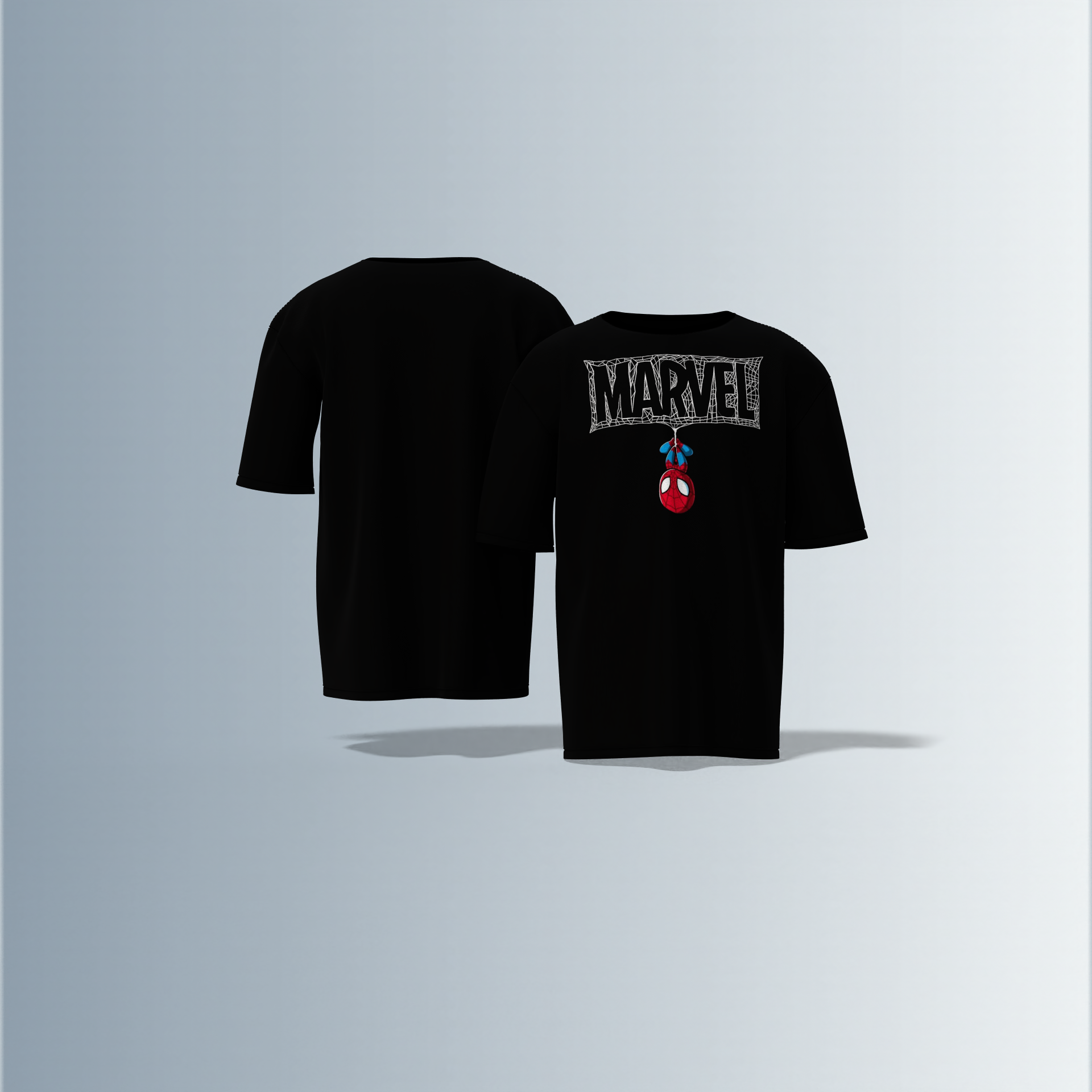 Oversized Round-Neck T-Shirt Featuring a Bold Logo with Hanging Spider-Man Icon – Graphic Statement Piece for Superhero Fans