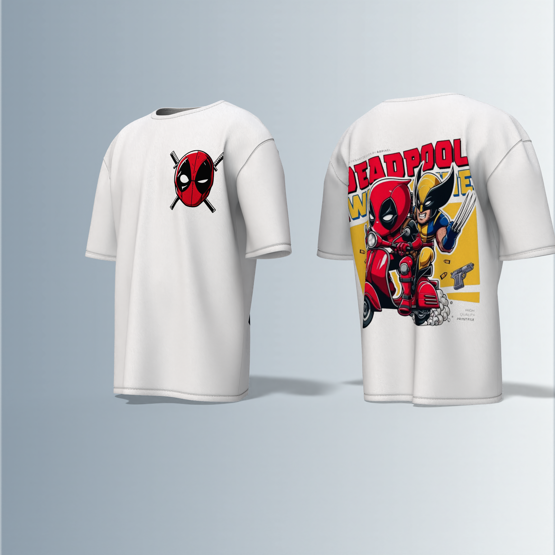 Oversized Round-Neck T-Shirt with Minimal Deadpool Logo on Front and Bold Comic-Style Back Graphic Featuring Deadpool and Wolverine on a Scooter – Fun, Action-Packed Superhero Streetwear