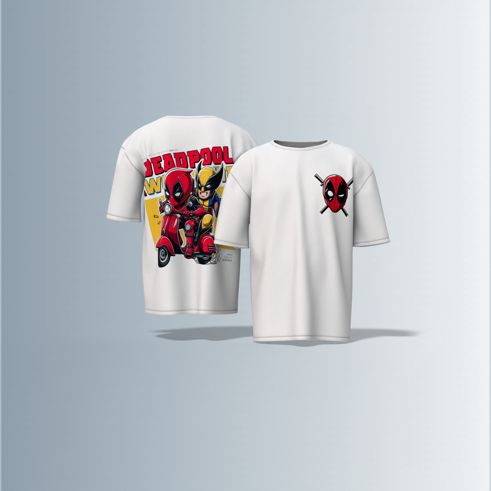 Oversized Round-Neck T-Shirt with Minimal Deadpool Logo on Front and Bold Comic-Style Back Graphic Featuring Deadpool and Wolverine on a Scooter – Fun, Action-Packed Superhero Streetwear