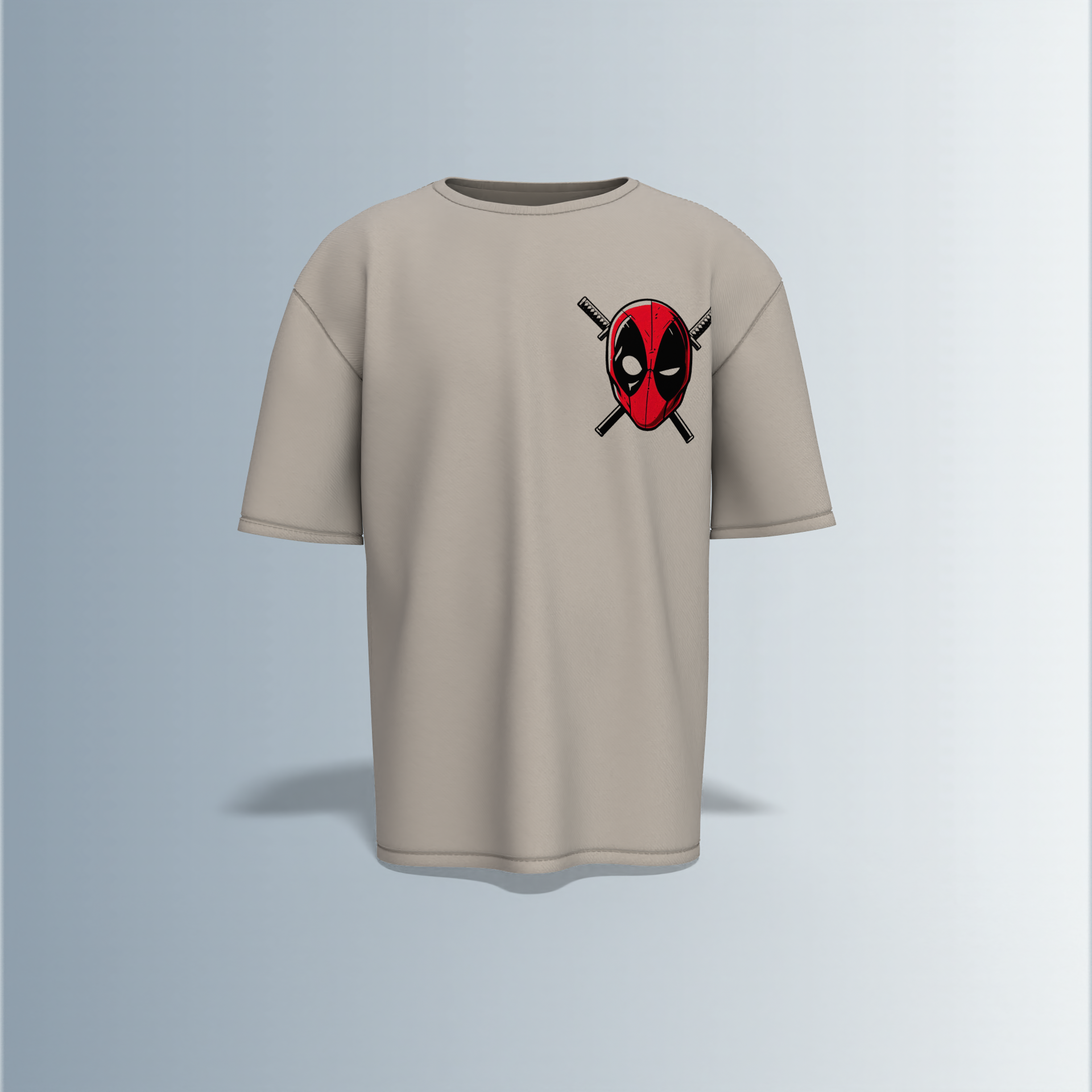 Oversized Round-Neck T-Shirt with Minimal Deadpool Logo on Front and Bold Comic-Style Back Graphic Featuring Deadpool and Wolverine on a Scooter – Fun, Action-Packed Superhero Streetwear