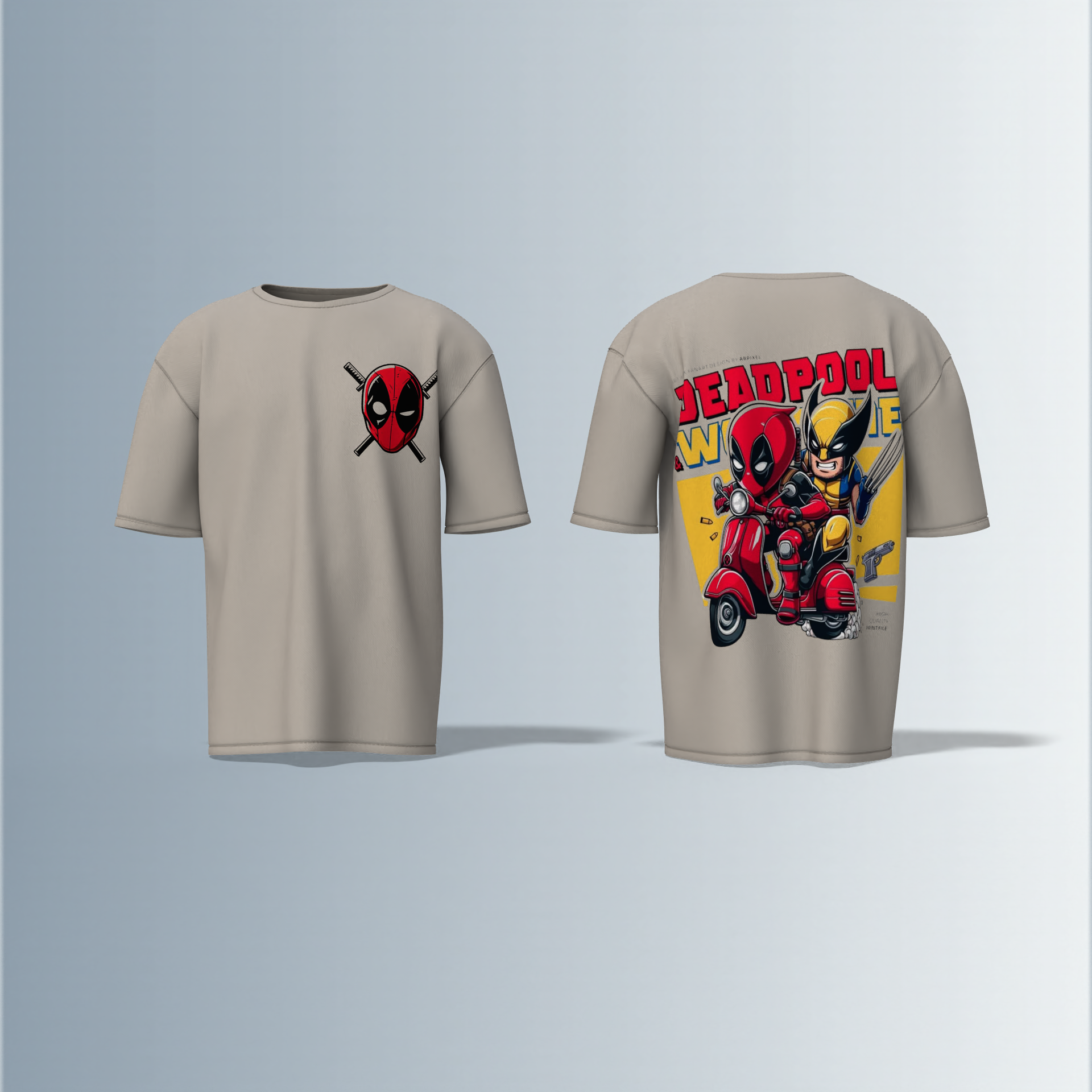 Oversized Round-Neck T-Shirt with Minimal Deadpool Logo on Front and Bold Comic-Style Back Graphic Featuring Deadpool and Wolverine on a Scooter – Fun, Action-Packed Superhero Streetwear