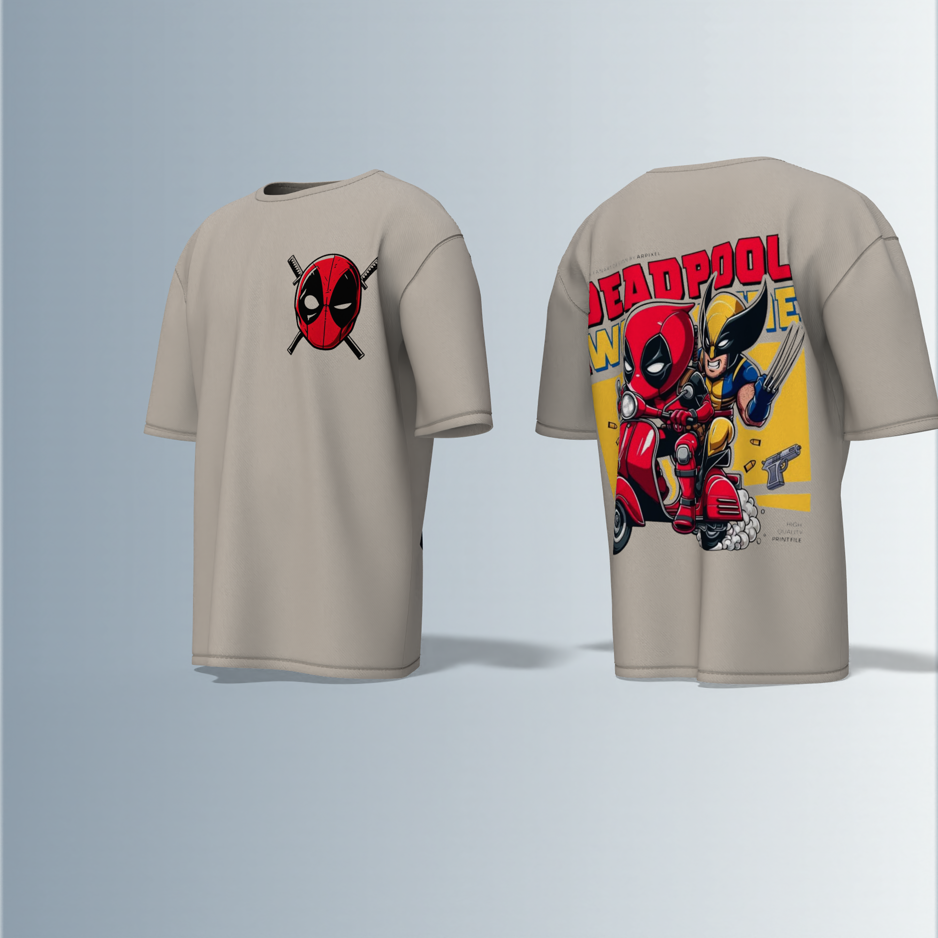 Oversized Round-Neck T-Shirt with Minimal Deadpool Logo on Front and Bold Comic-Style Back Graphic Featuring Deadpool and Wolverine on a Scooter – Fun, Action-Packed Superhero Streetwear