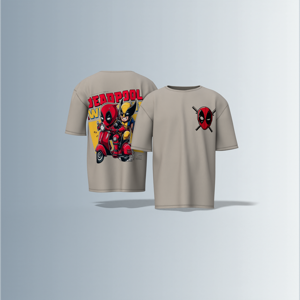Oversized Round-Neck T-Shirt with Minimal Deadpool Logo on Front and Bold Comic-Style Back Graphic Featuring Deadpool and Wolverine on a Scooter – Fun, Action-Packed Superhero Streetwear