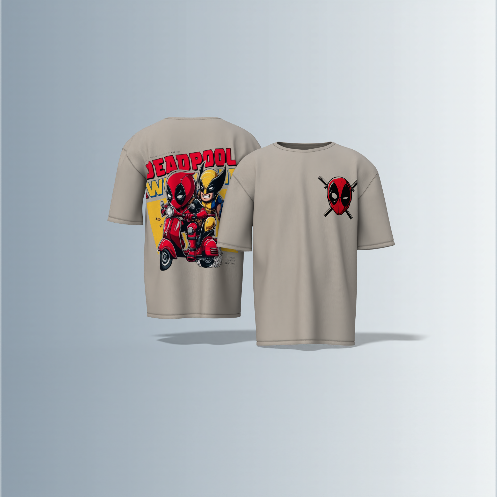 Oversized Round-Neck T-Shirt with Minimal Deadpool Logo on Front and Bold Comic-Style Back Graphic Featuring Deadpool and Wolverine on a Scooter – Fun, Action-Packed Superhero Streetwear