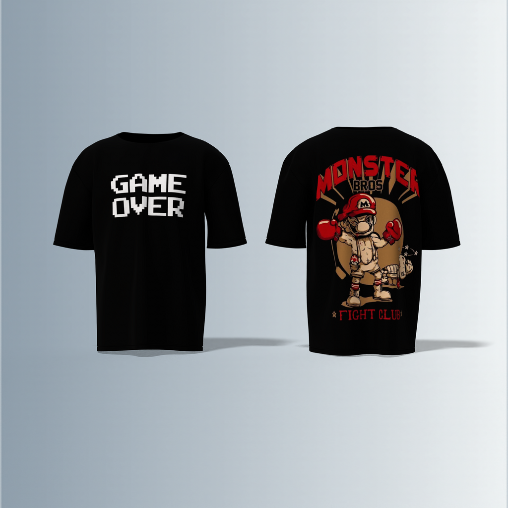 Oversized Round-Neck T-Shirt with Bold "GAME OVER" Front Print and Back Graphic of Monster Bros Fight Club Boxing Theme – Retro Gaming Meets Streetwear