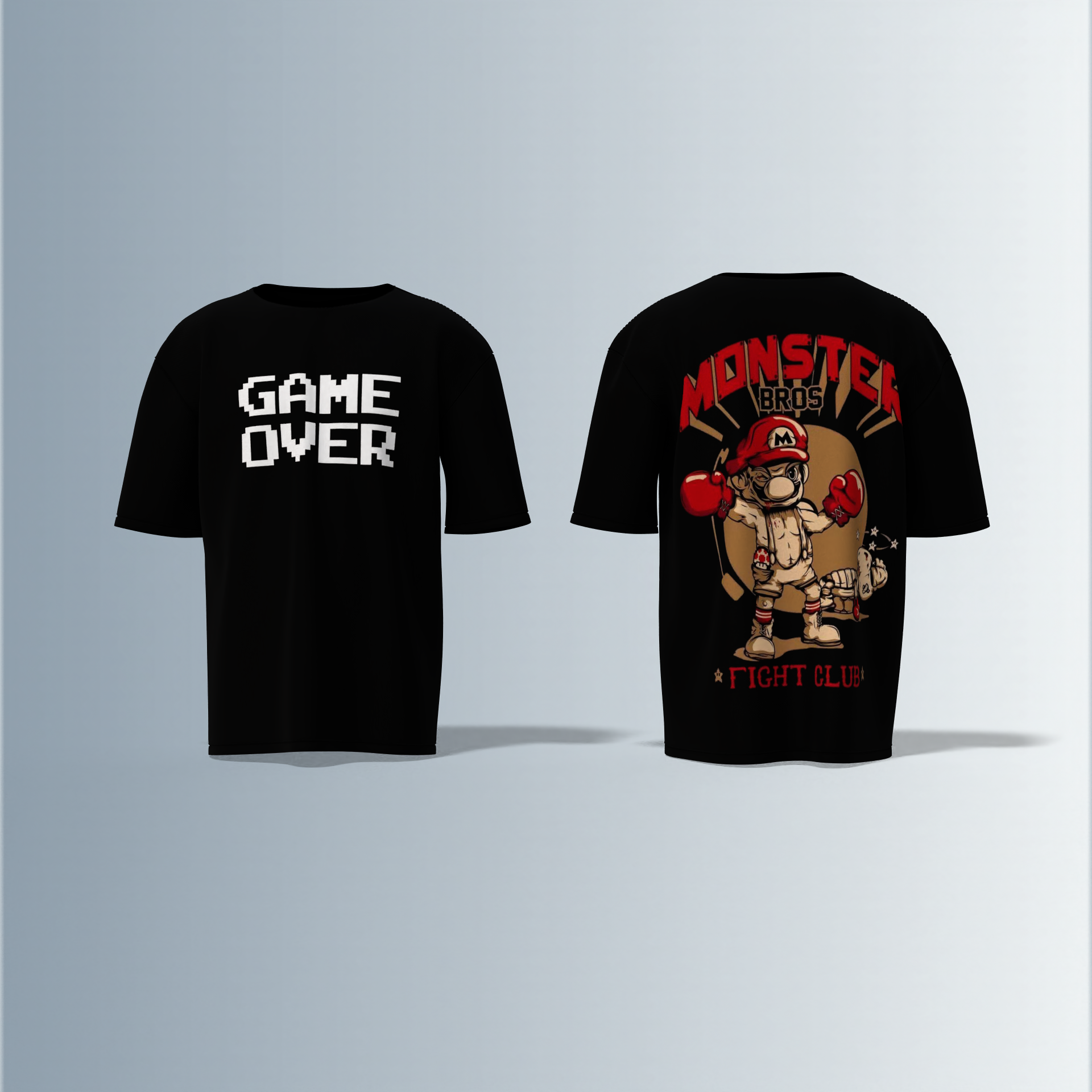 Oversized Round-Neck T-Shirt with Bold "GAME OVER" Front Print and Back Graphic of Monster Bros Fight Club Boxing Theme – Retro Gaming Meets Streetwear