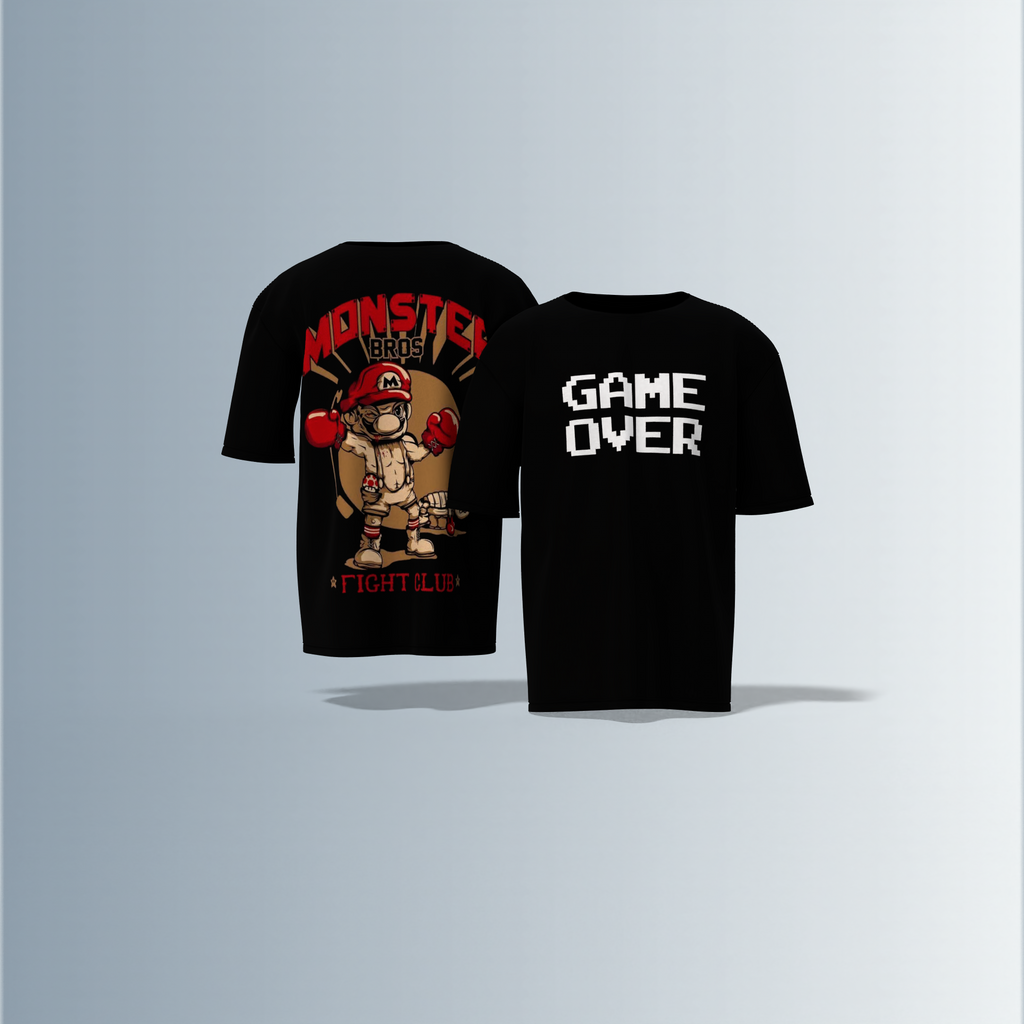 Oversized Round-Neck T-Shirt with Bold "GAME OVER" Front Print and Back Graphic of Monster Bros Fight Club Boxing Theme – Retro Gaming Meets Streetwear