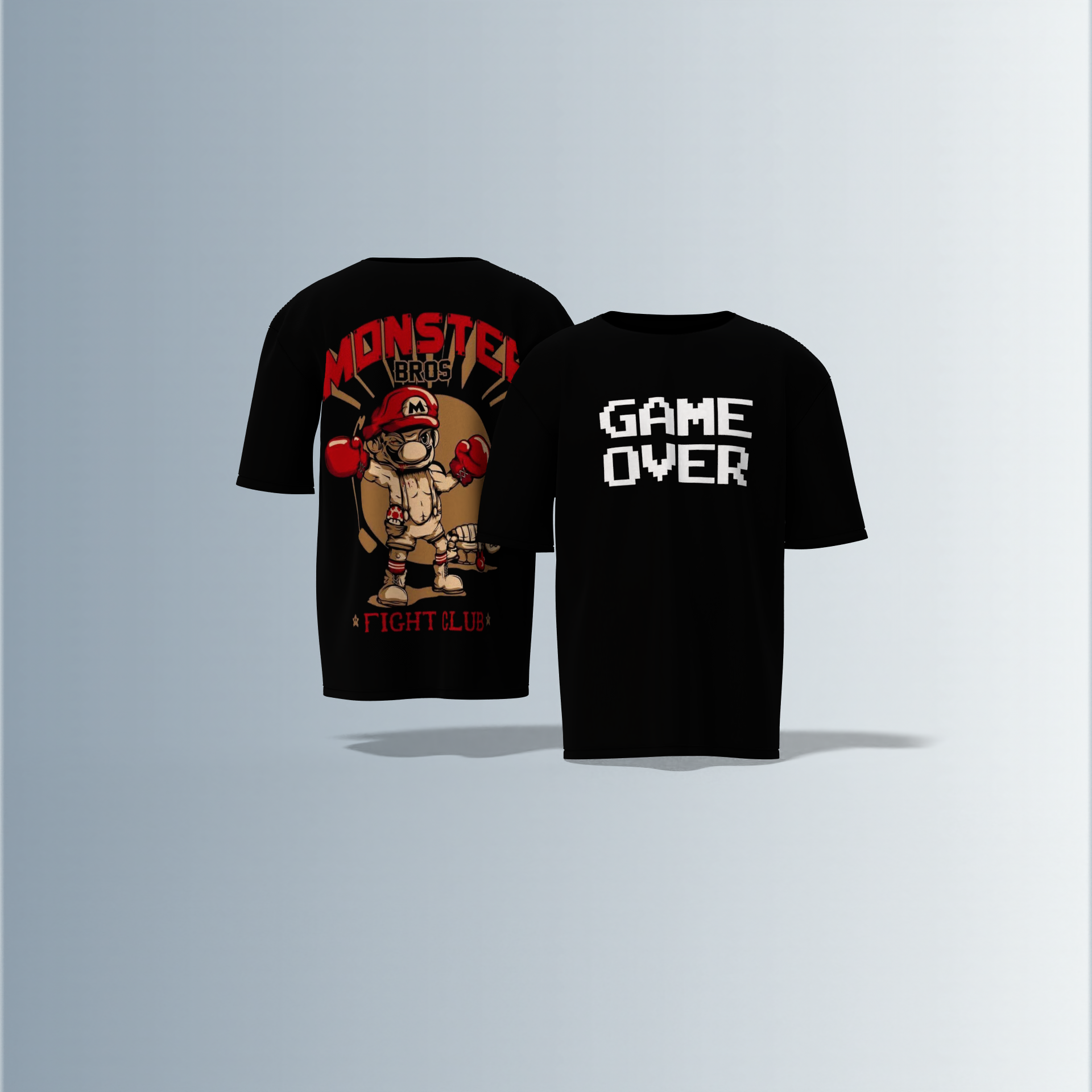 Oversized Round-Neck T-Shirt with Bold "GAME OVER" Front Print and Back Graphic of Monster Bros Fight Club Boxing Theme – Retro Gaming Meets Streetwear