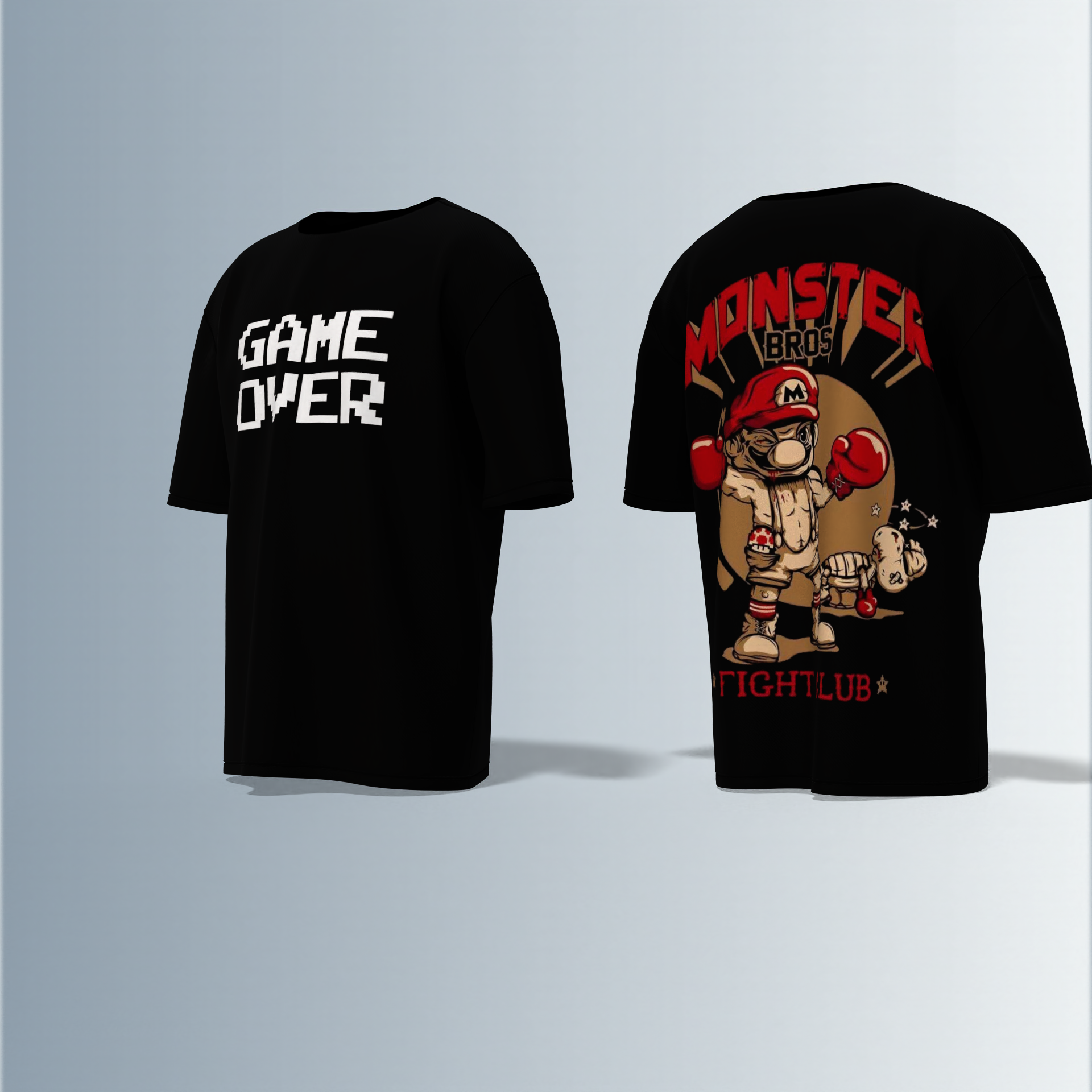 Oversized Round-Neck T-Shirt with Bold "GAME OVER" Front Print and Back Graphic of Monster Bros Fight Club Boxing Theme – Retro Gaming Meets Streetwear