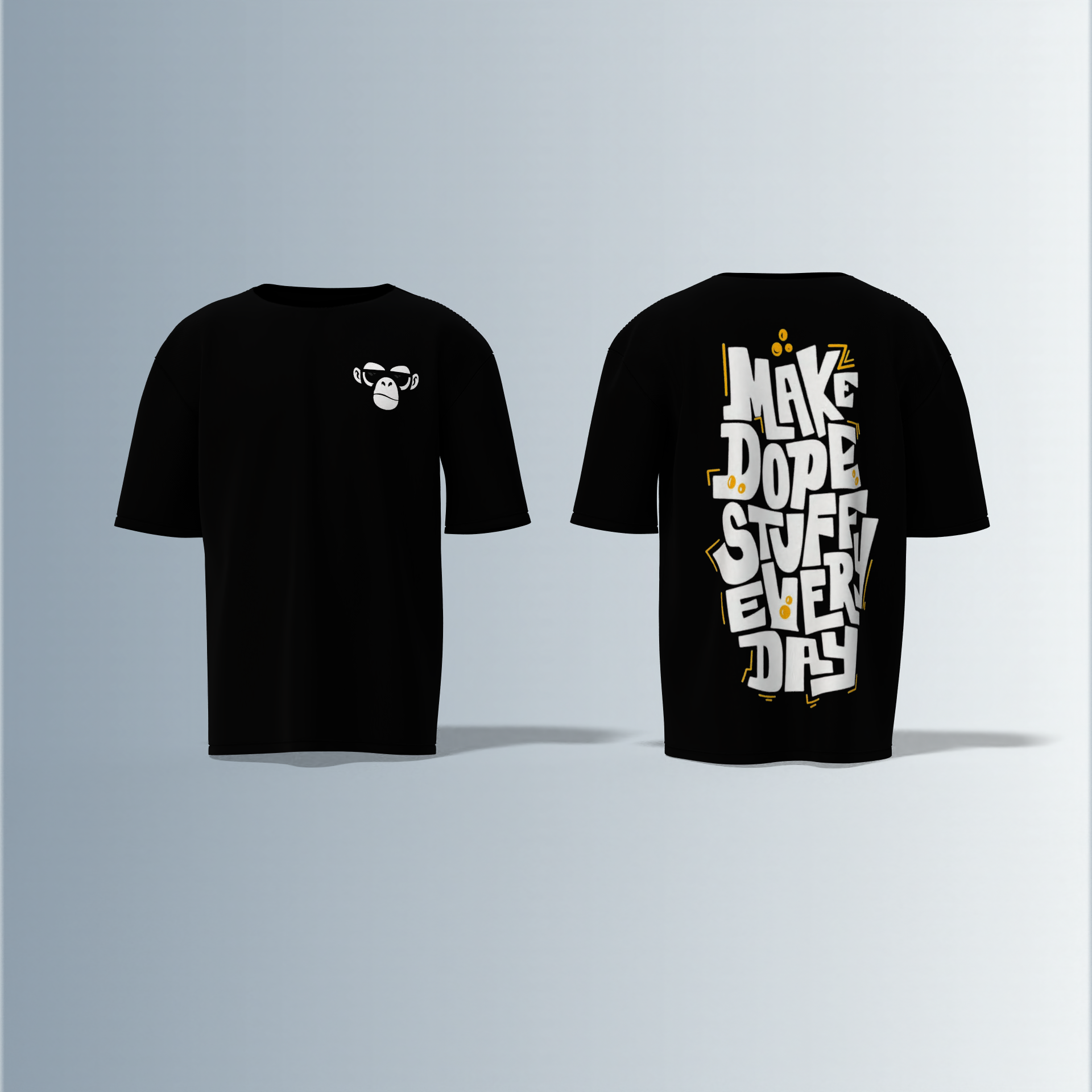 "Oversized Streetwear T-Shirt with Bold ‘Make Dope Stuff Every Day’ Graffiti Typography and Minimal Monkey Chest Logo"