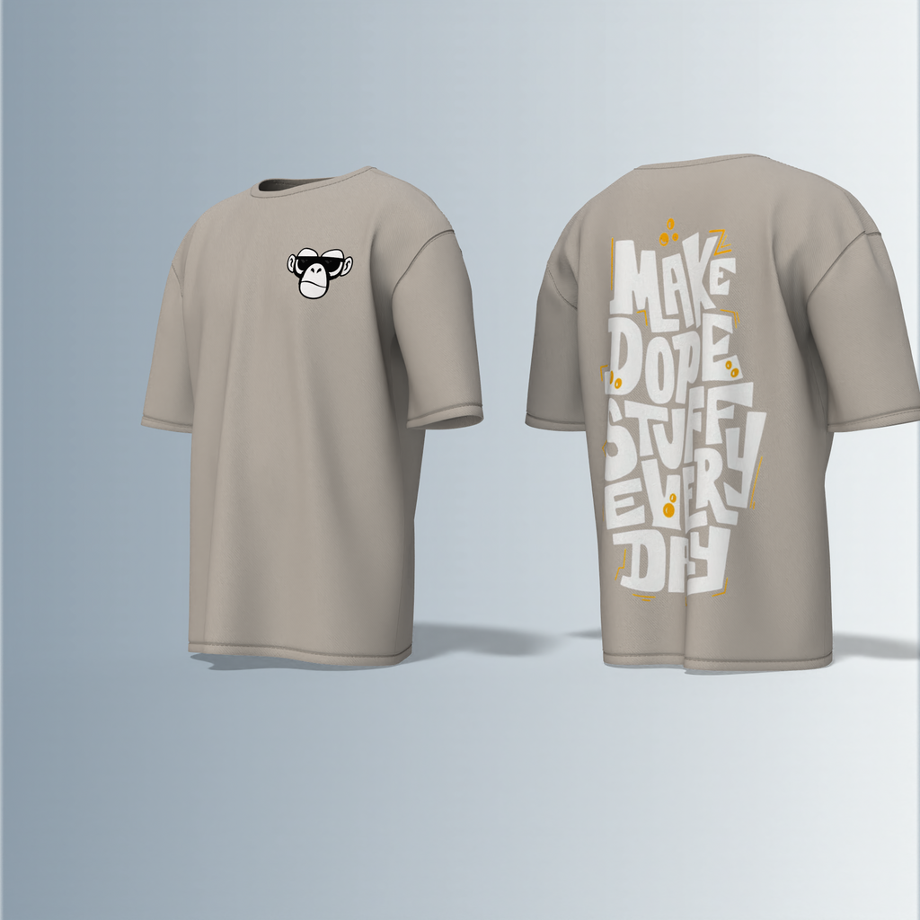 "Oversized Streetwear T-Shirt with Bold ‘Make Dope Stuff Every Day’ Graffiti Typography and Minimal Monkey Chest Logo"