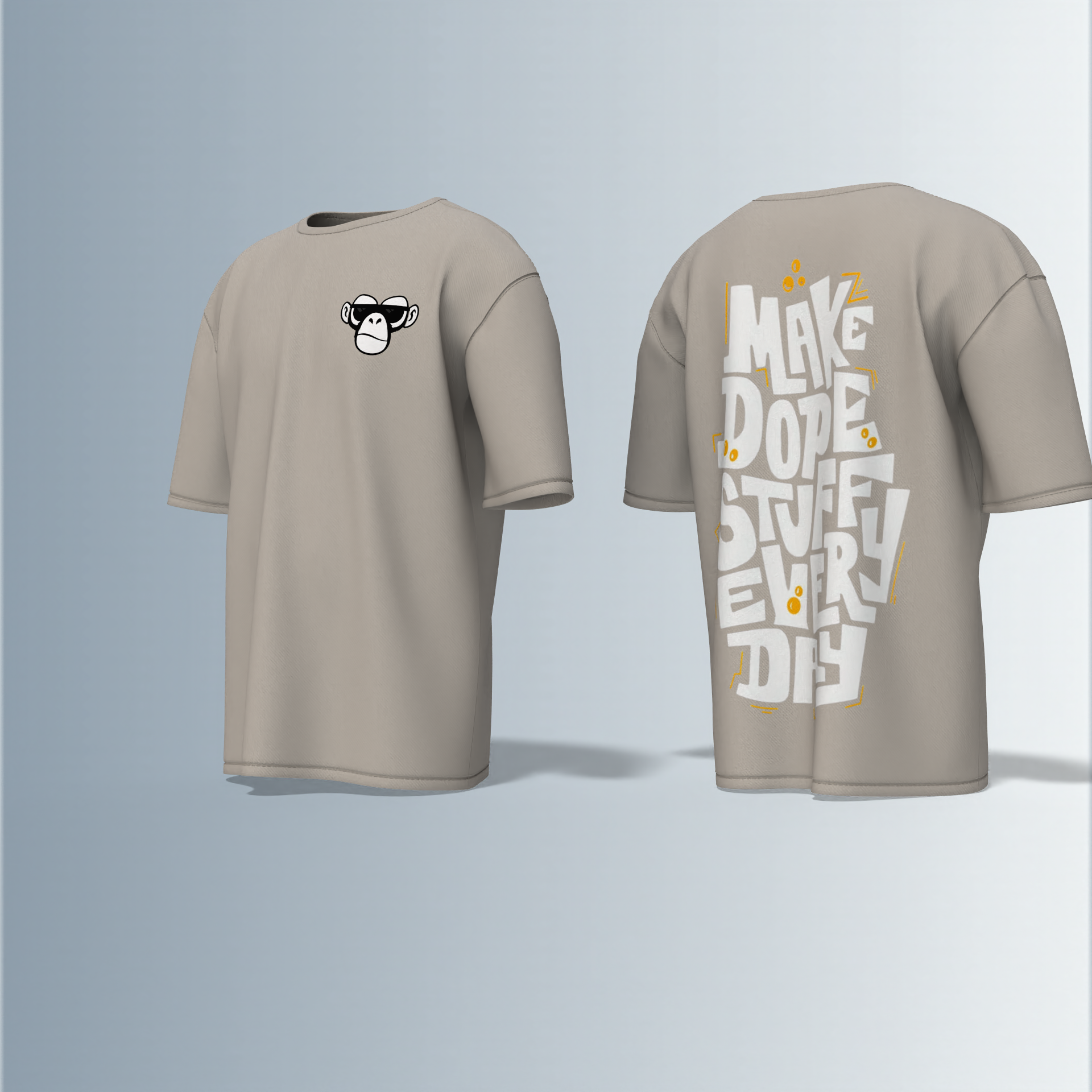 "Oversized Streetwear T-Shirt with Bold ‘Make Dope Stuff Every Day’ Graffiti Typography and Minimal Monkey Chest Logo"