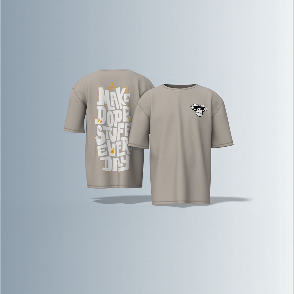 "Oversized Streetwear T-Shirt with Bold ‘Make Dope Stuff Every Day’ Graffiti Typography and Minimal Monkey Chest Logo"