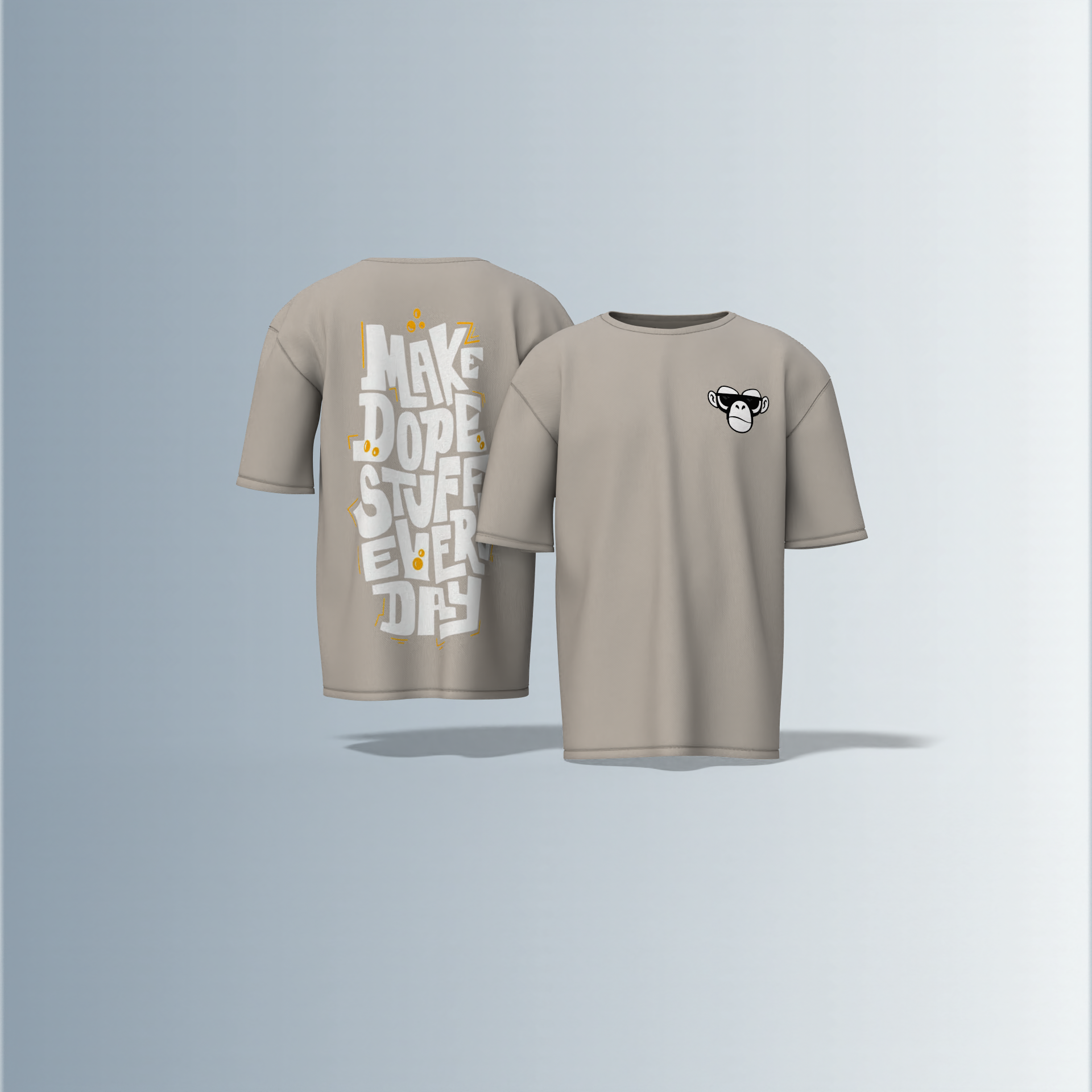 "Oversized Streetwear T-Shirt with Bold ‘Make Dope Stuff Every Day’ Graffiti Typography and Minimal Monkey Chest Logo"