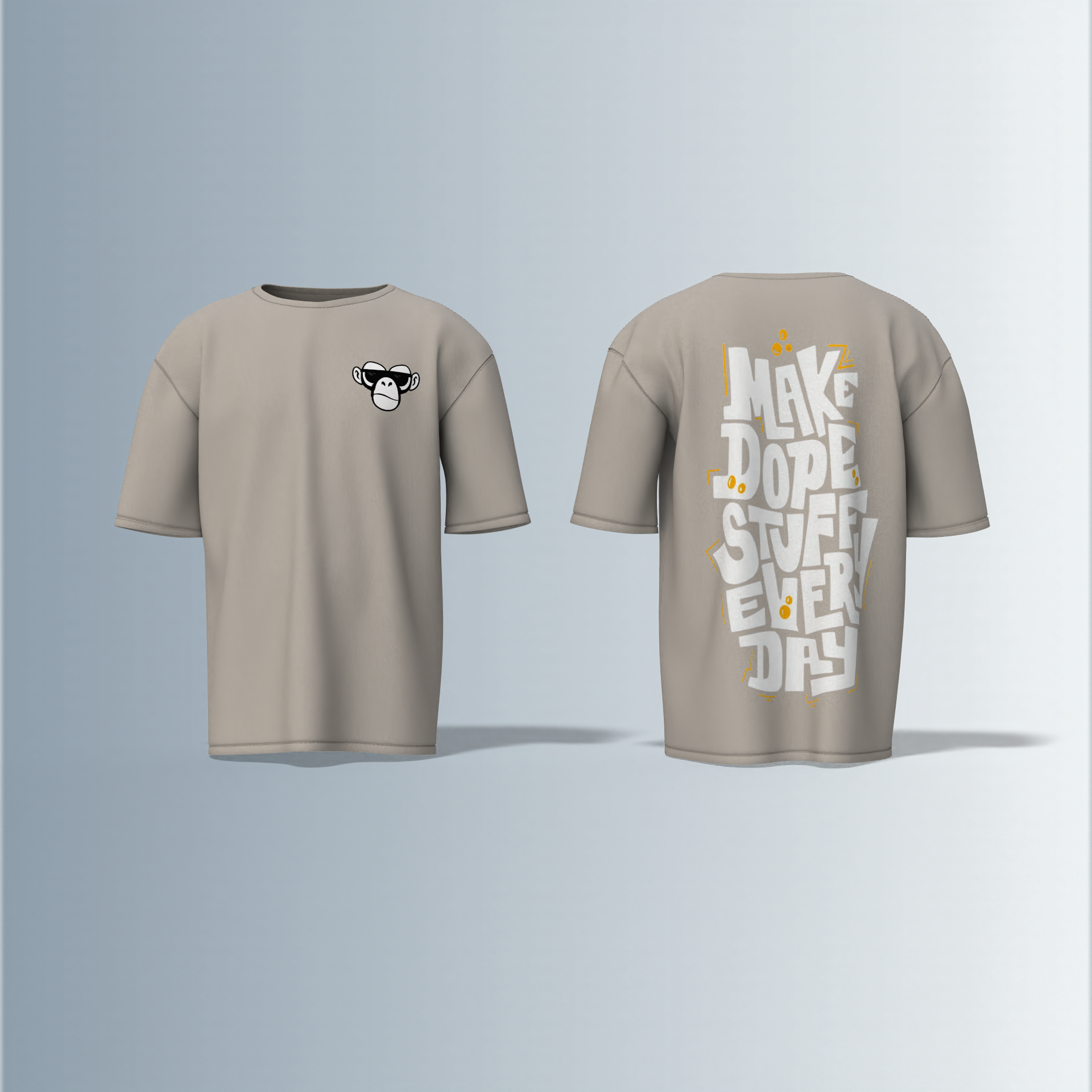 "Oversized Streetwear T-Shirt with Bold ‘Make Dope Stuff Every Day’ Graffiti Typography and Minimal Monkey Chest Logo"