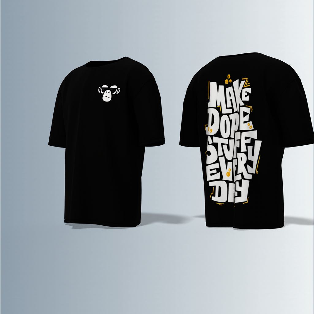 "Oversized Streetwear T-Shirt with Bold ‘Make Dope Stuff Every Day’ Graffiti Typography and Minimal Monkey Chest Logo"