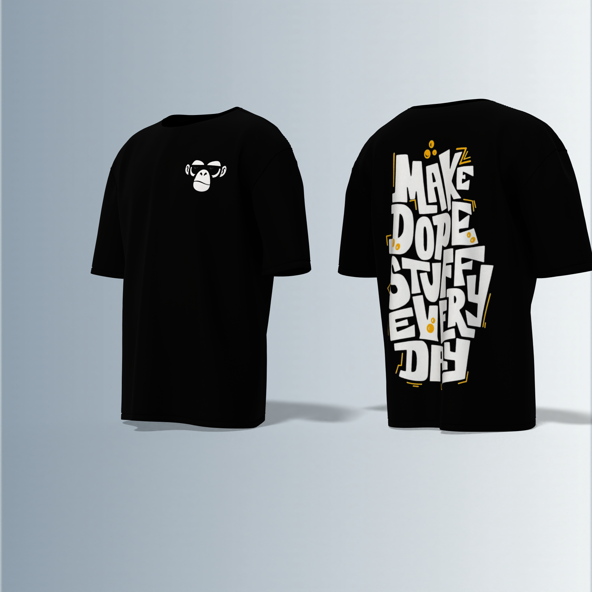 "Oversized Streetwear T-Shirt with Bold ‘Make Dope Stuff Every Day’ Graffiti Typography and Minimal Monkey Chest Logo"