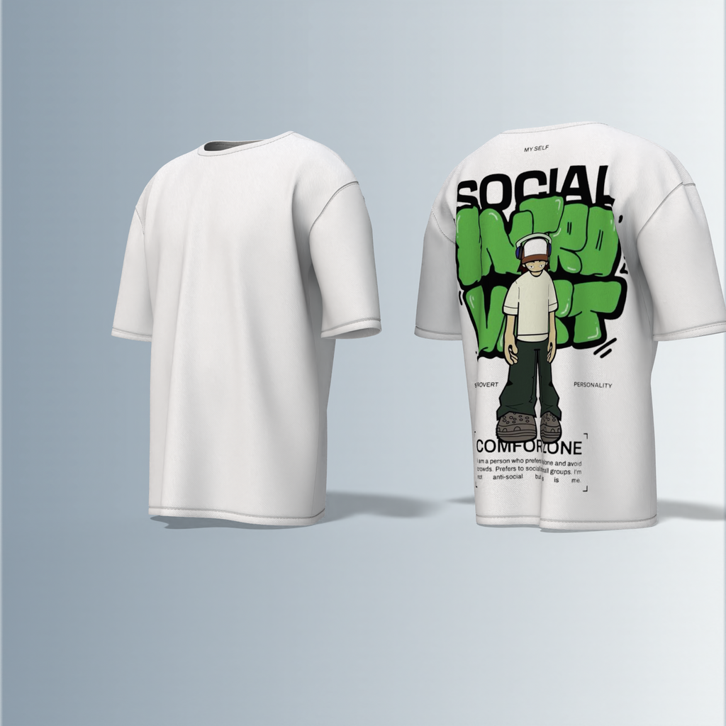 Oversized Graphic T-Shirt Featuring Cartoon Headphone Character with “Social Introvert” Graffiti Text and Comfort Zone Slogan Print on the Back