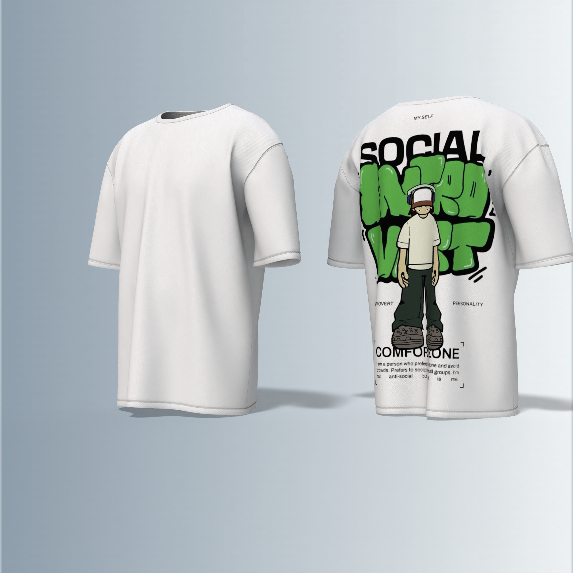 Oversized Graphic T-Shirt Featuring Cartoon Headphone Character with “Social Introvert” Graffiti Text and Comfort Zone Slogan Print on the Back