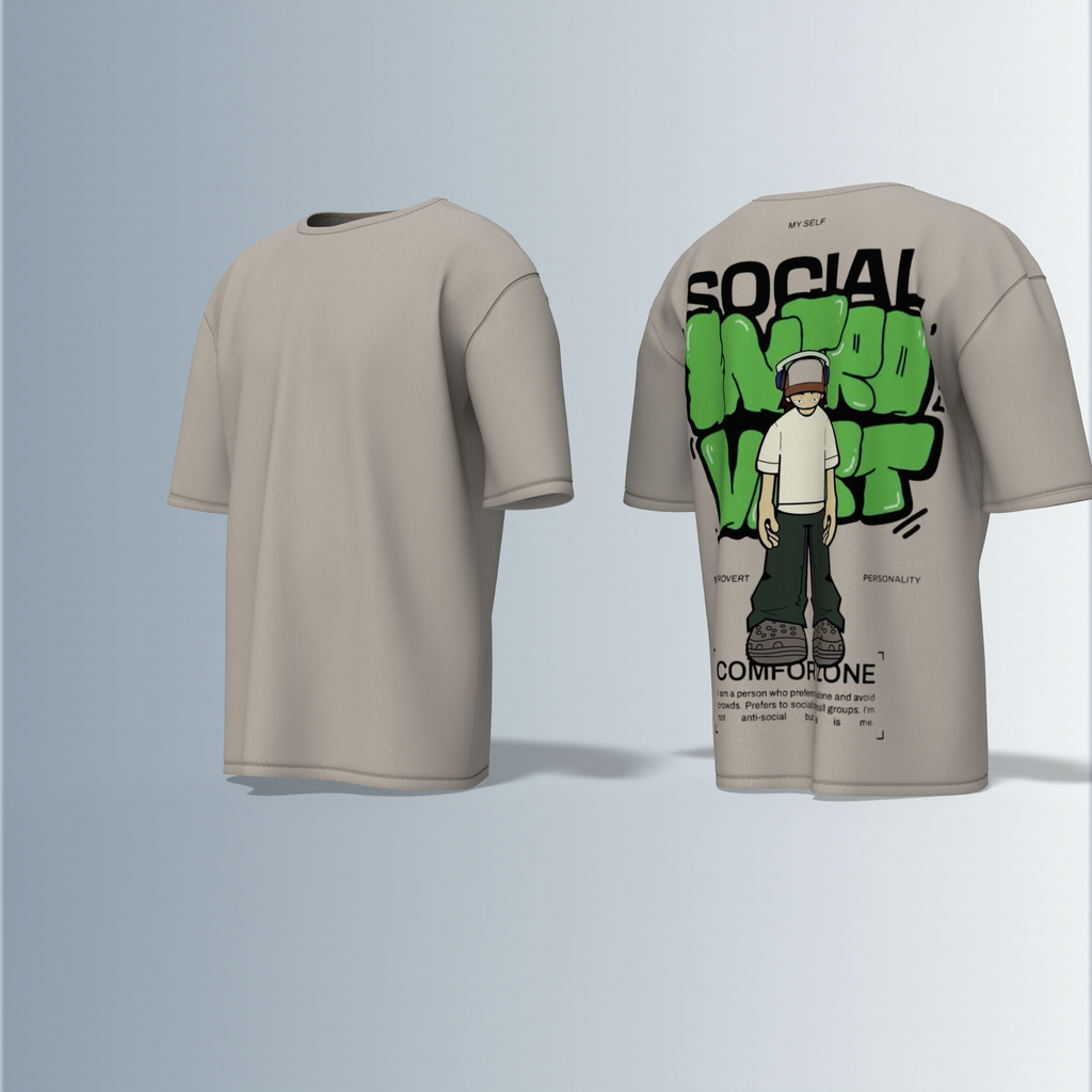 Oversized Graphic T-Shirt Featuring Cartoon Headphone Character with “Social Introvert” Graffiti Text and Comfort Zone Slogan Print on the Back