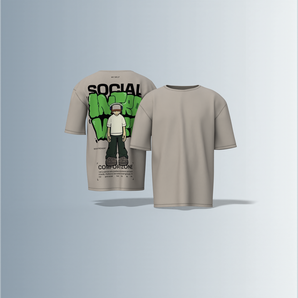 Oversized Graphic T-Shirt Featuring Cartoon Headphone Character with “Social Introvert” Graffiti Text and Comfort Zone Slogan Print on the Back