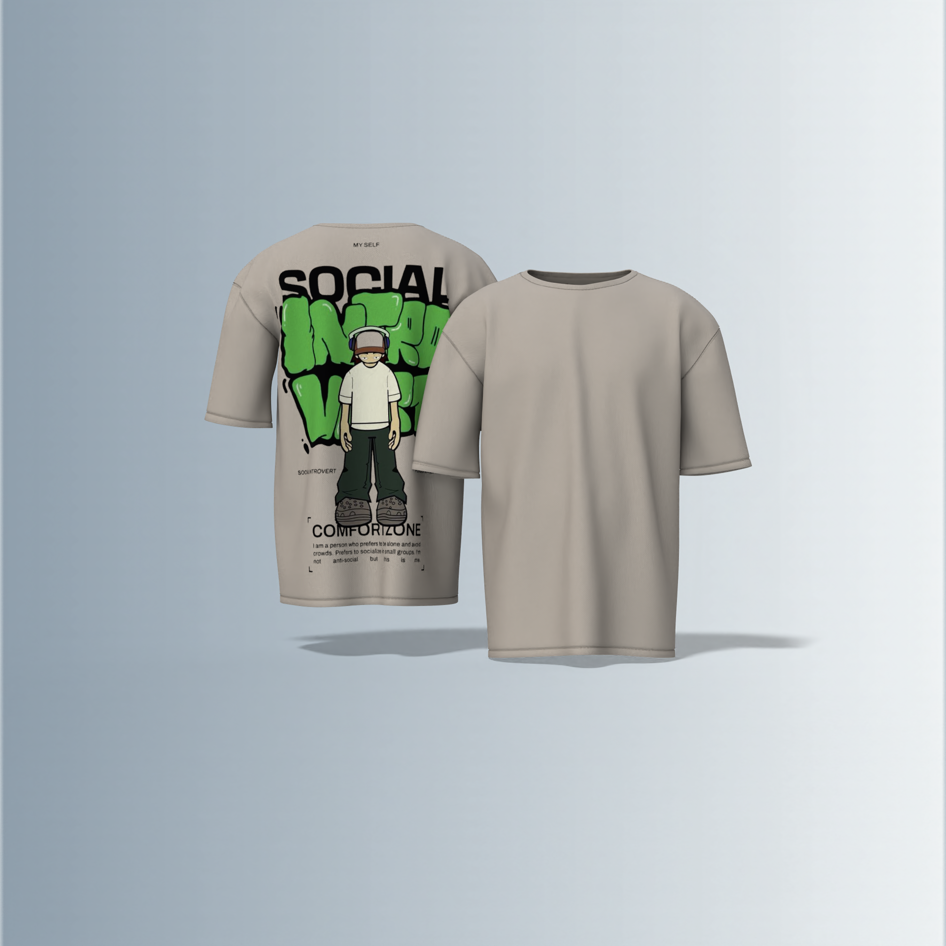 Oversized Graphic T-Shirt Featuring Cartoon Headphone Character with “Social Introvert” Graffiti Text and Comfort Zone Slogan Print on the Back