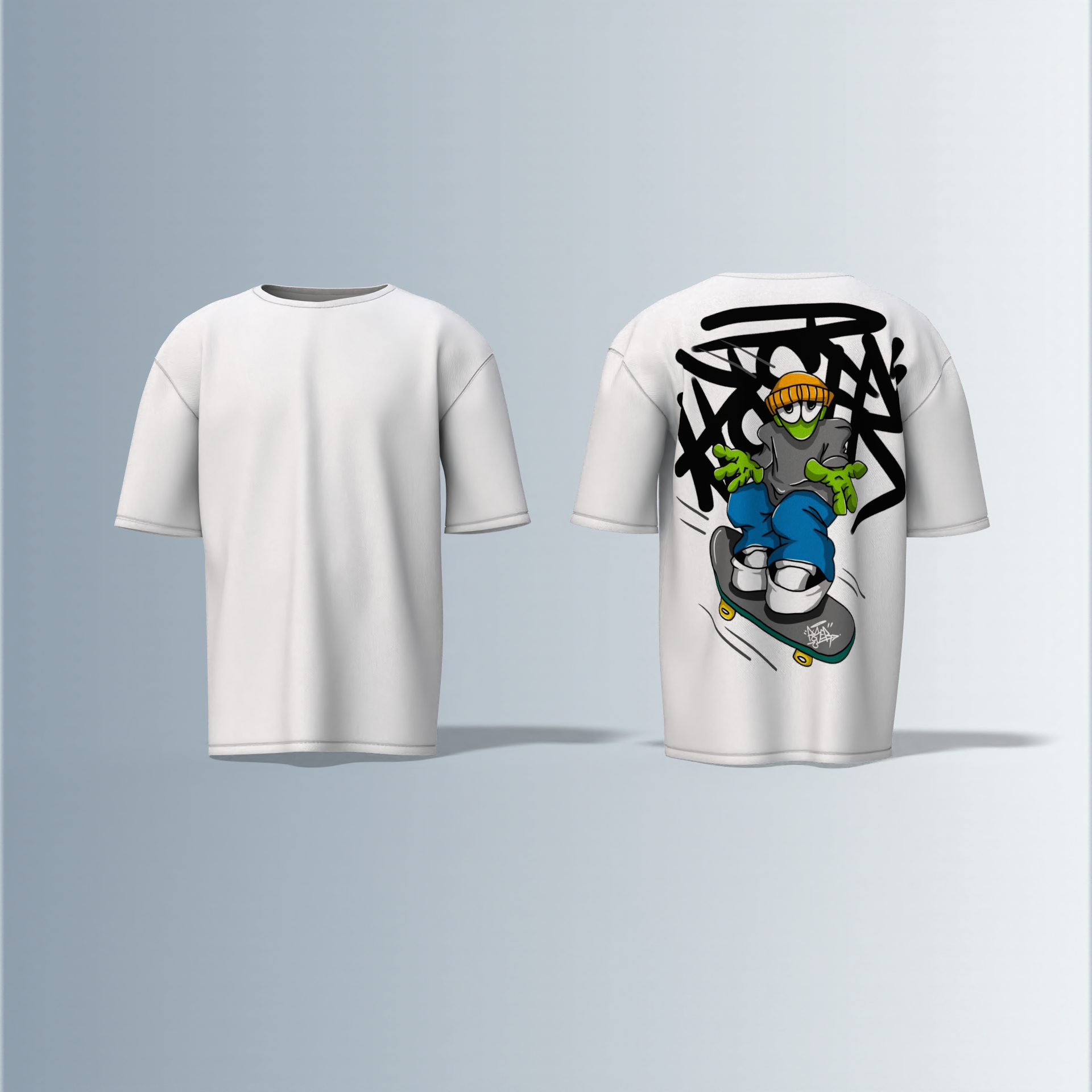 Oversized Graphic T-Shirt Featuring Cartoon Skater Character with Beanie, Dynamic Skateboard Illustration, and Bold Graffiti Tag Backdrop on the Back