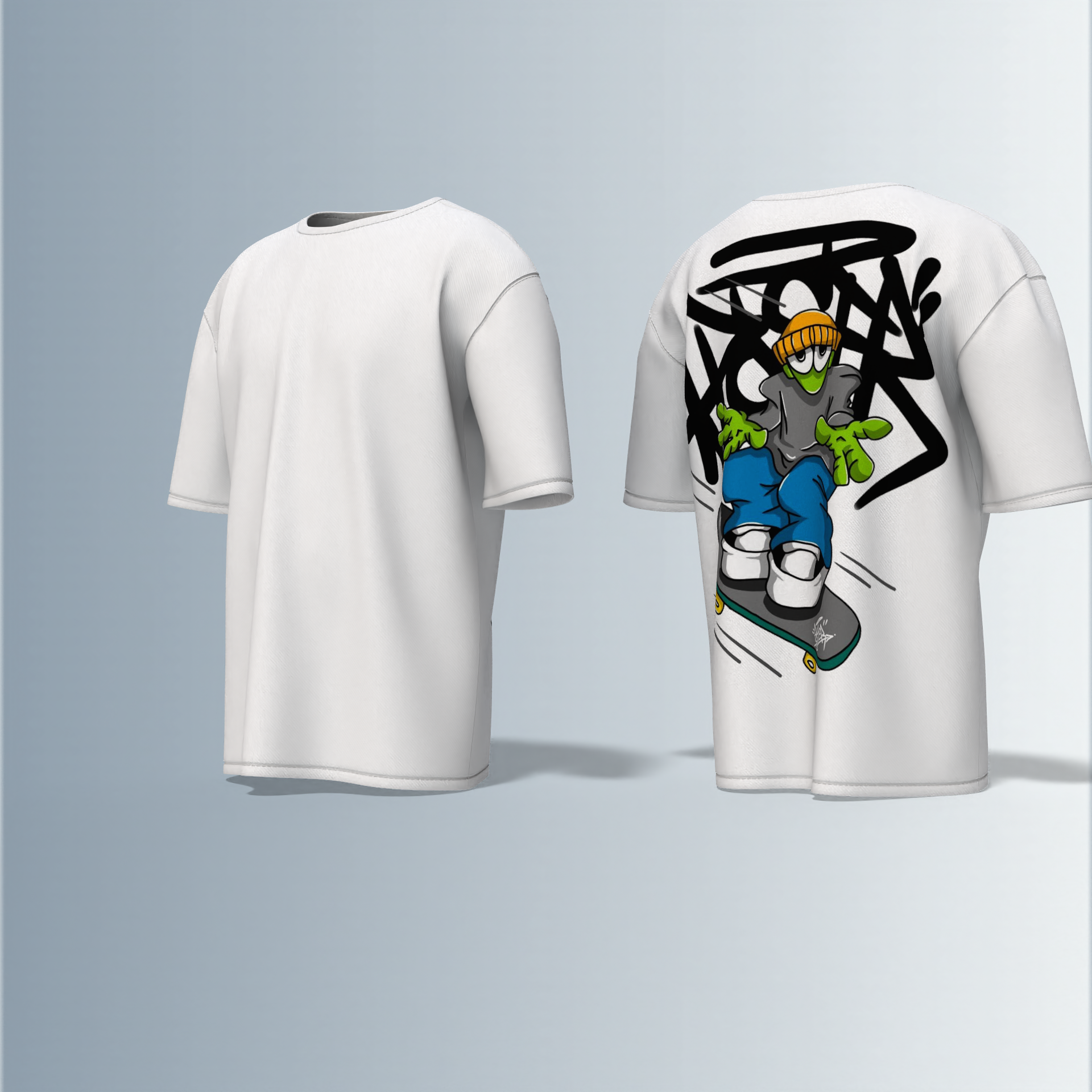 Oversized Graphic T-Shirt Featuring Cartoon Skater Character with Beanie, Dynamic Skateboard Illustration, and Bold Graffiti Tag Backdrop on the Back