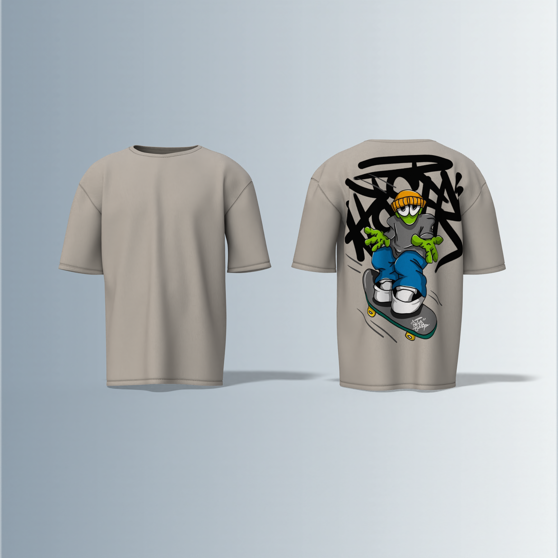 Oversized Graphic T-Shirt Featuring Cartoon Skater Character with Beanie, Dynamic Skateboard Illustration, and Bold Graffiti Tag Backdrop on the Back