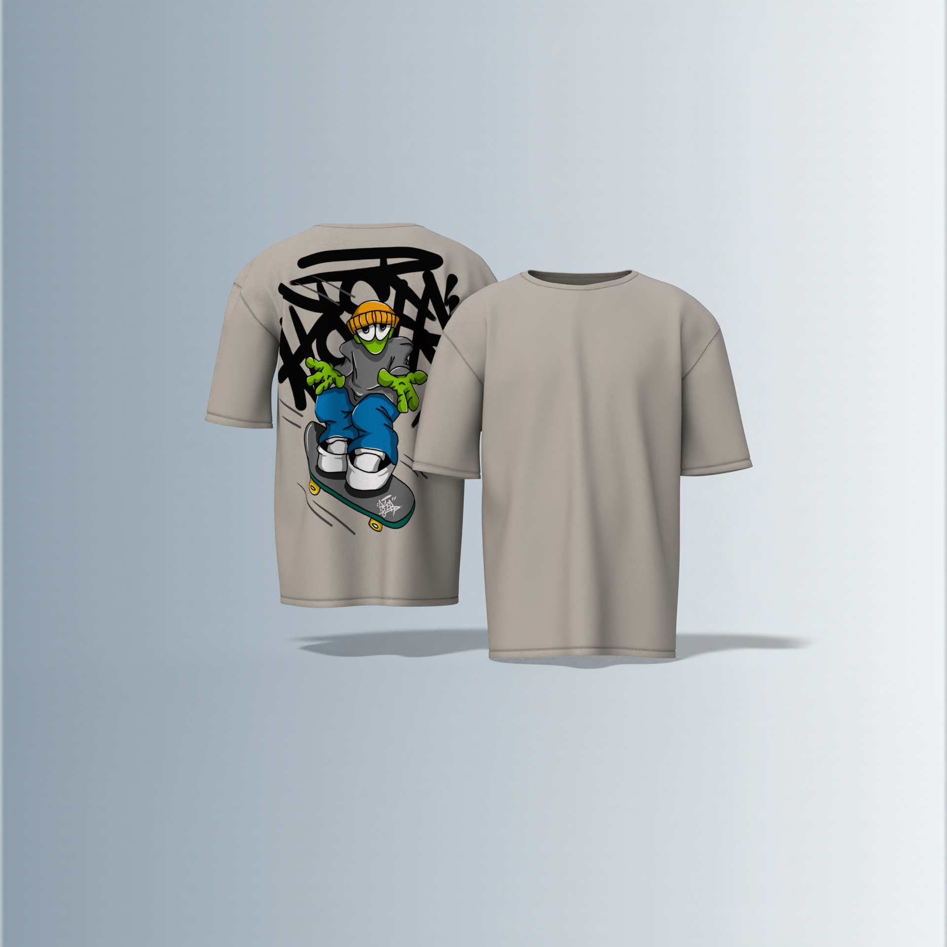 Oversized Graphic T-Shirt Featuring Cartoon Skater Character with Beanie, Dynamic Skateboard Illustration, and Bold Graffiti Tag Backdrop on the Back