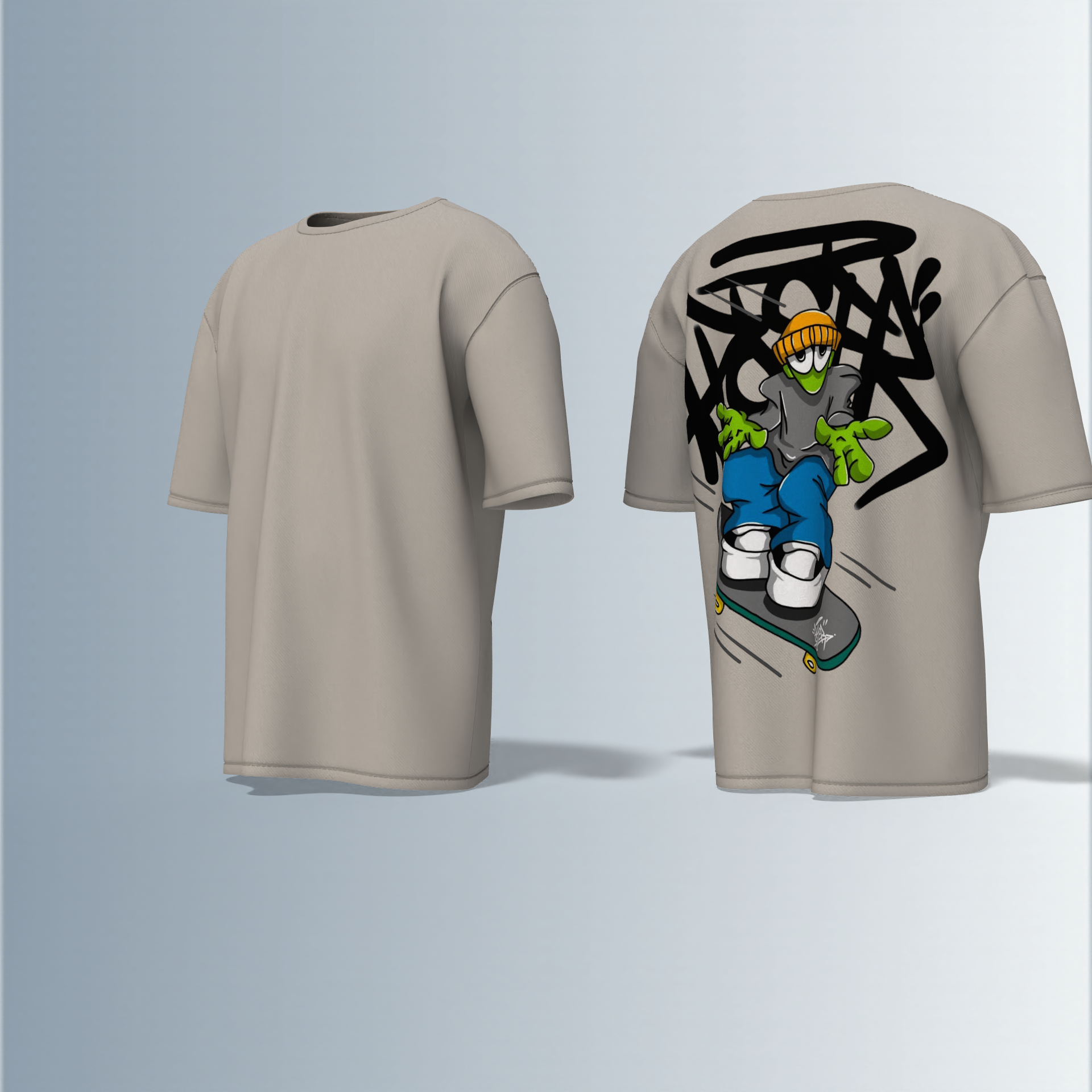 Oversized Graphic T-Shirt Featuring Cartoon Skater Character with Beanie, Dynamic Skateboard Illustration, and Bold Graffiti Tag Backdrop on the Back