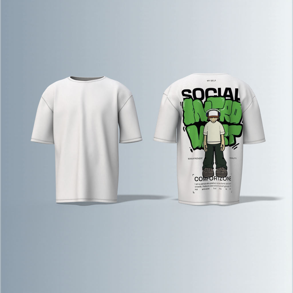 Oversized Graphic T-Shirt Featuring Cartoon Headphone Character with “Social Introvert” Graffiti Text and Comfort Zone Slogan Print on the Back