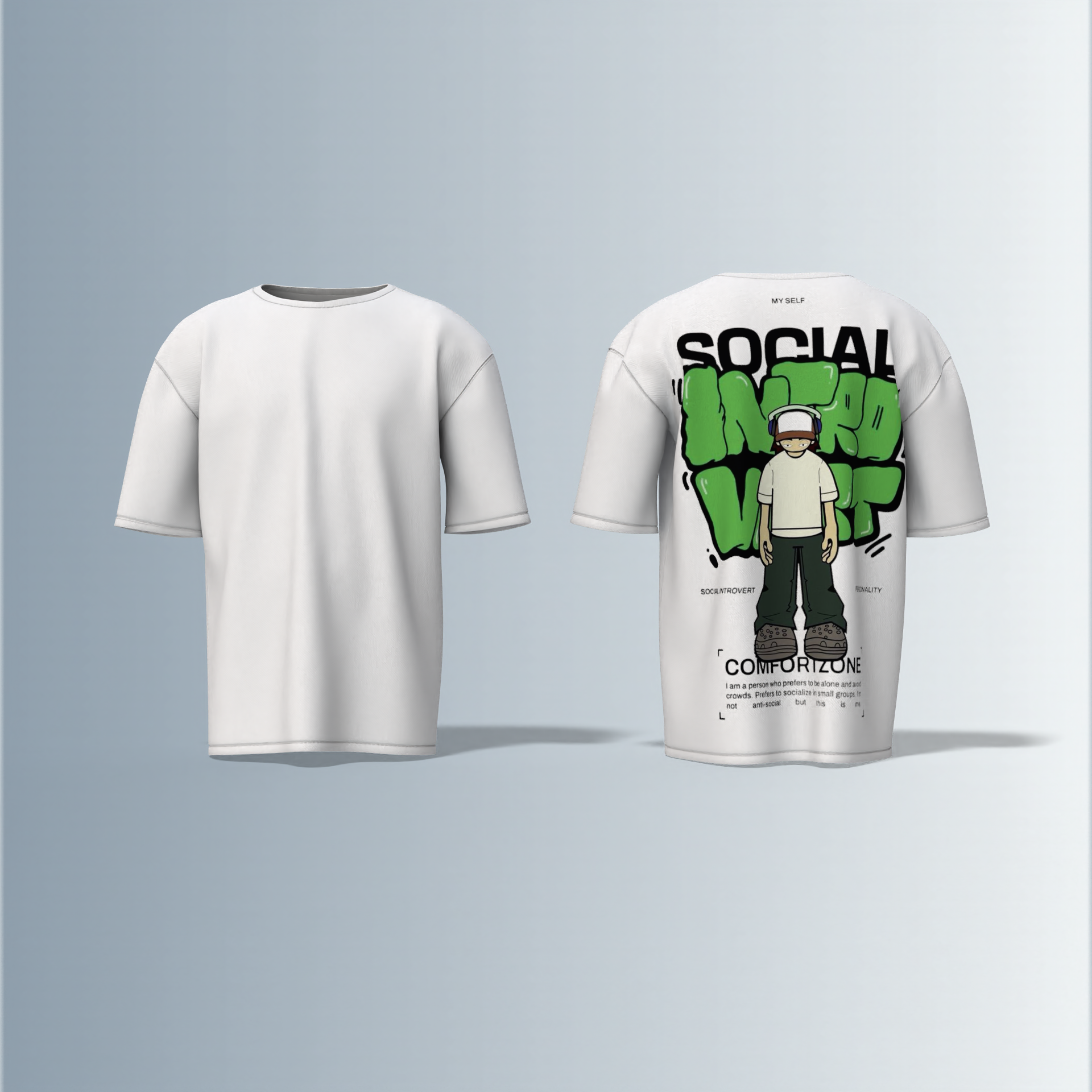 Oversized Graphic T-Shirt Featuring Cartoon Headphone Character with “Social Introvert” Graffiti Text and Comfort Zone Slogan Print on the Back