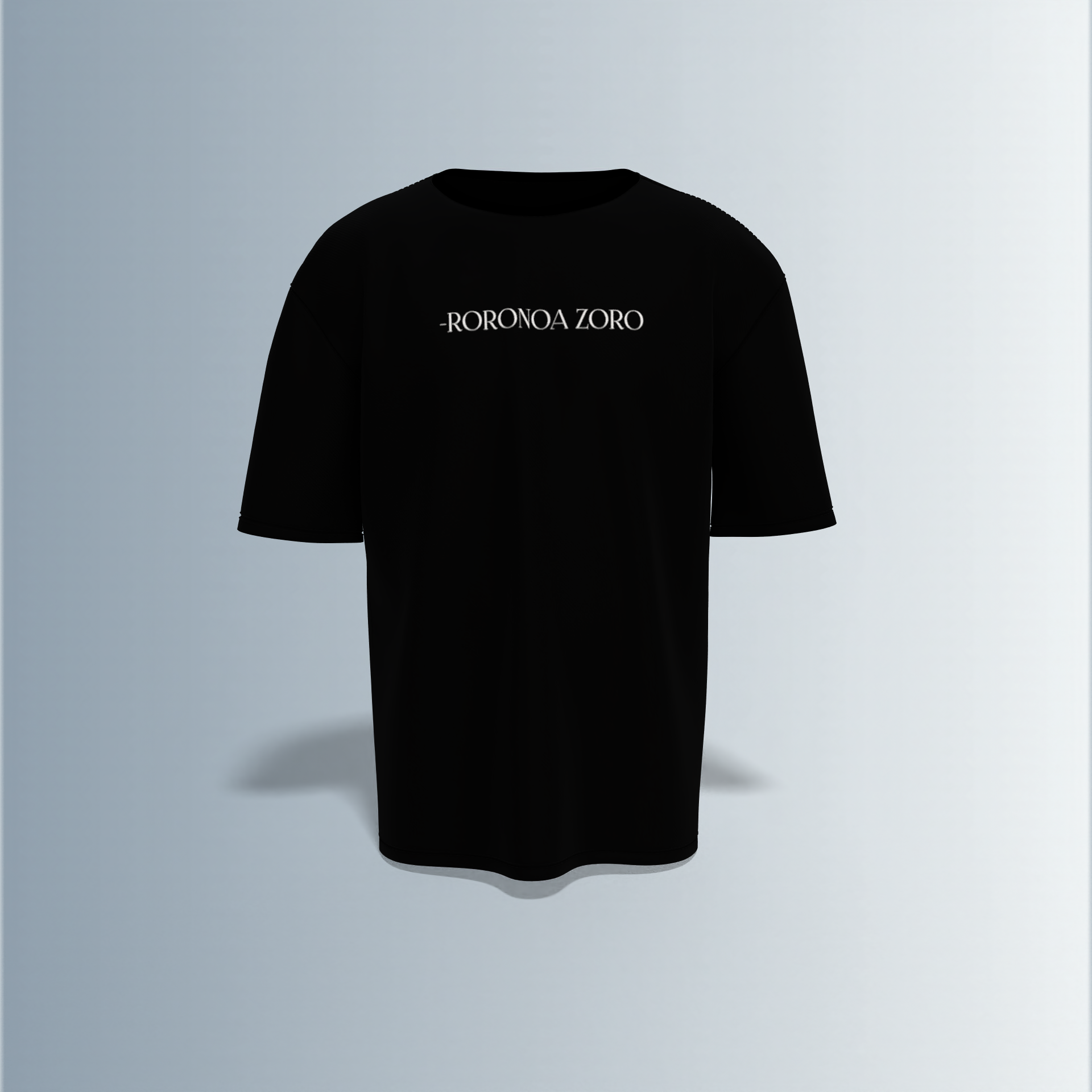 Oversized Anime Graphic T-Shirt Featuring Roronoa Zoro Swordfighter Illustration with Green Flame Effect and Japanese Kanji Print on the Back and Minimal Roronoa Zoro Text on the Front