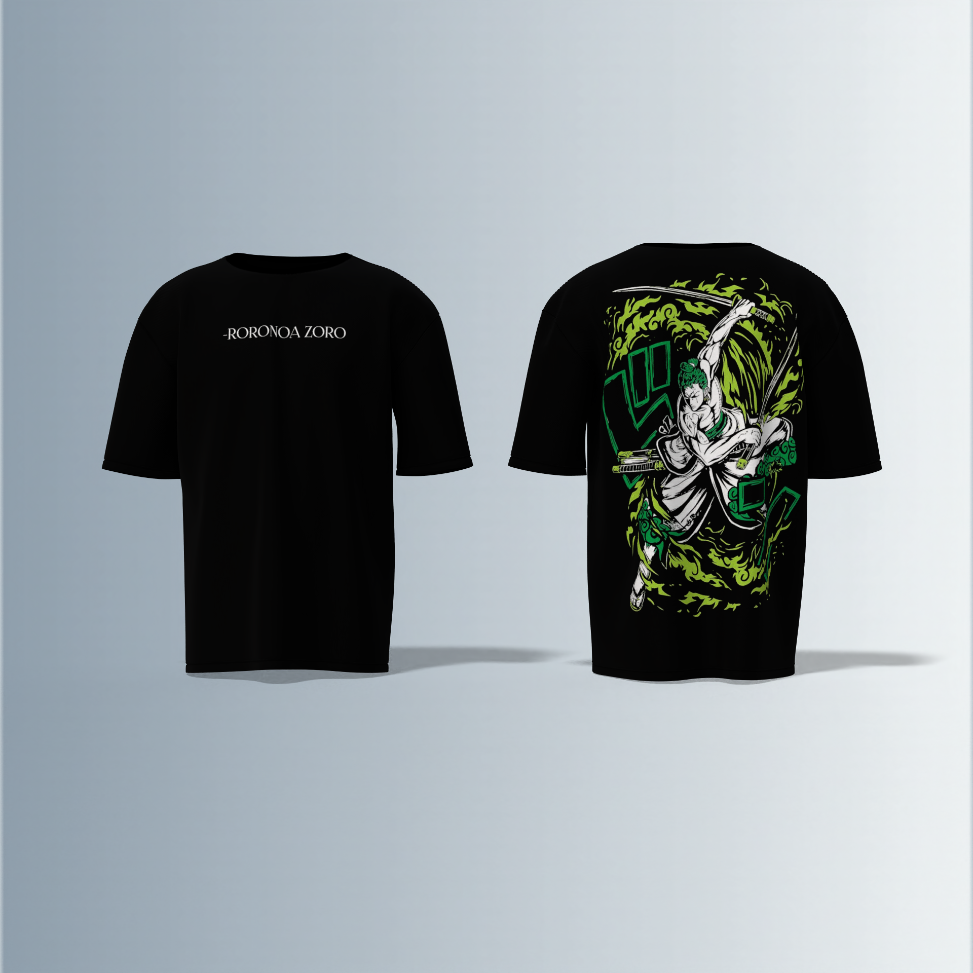 Oversized Anime Graphic T-Shirt Featuring Roronoa Zoro Swordfighter Illustration with Green Flame Effect and Japanese Kanji Print on the Back and Minimal Roronoa Zoro Text on the Front