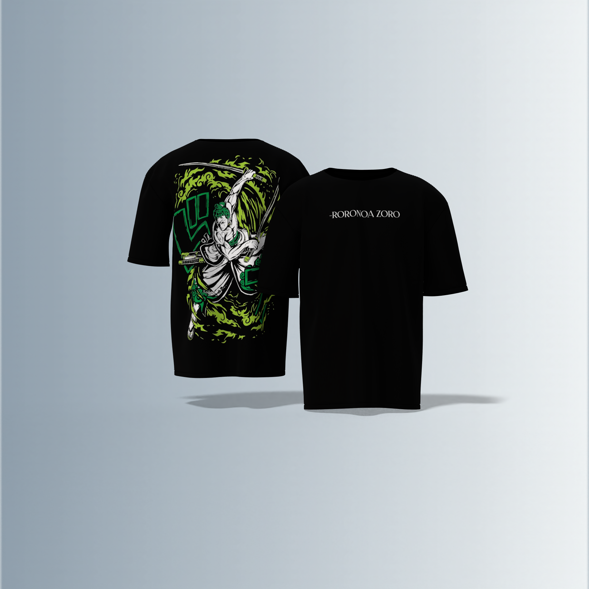 Oversized Anime Graphic T-Shirt Featuring Roronoa Zoro Swordfighter Illustration with Green Flame Effect and Japanese Kanji Print on the Back and Minimal Roronoa Zoro Text on the Front