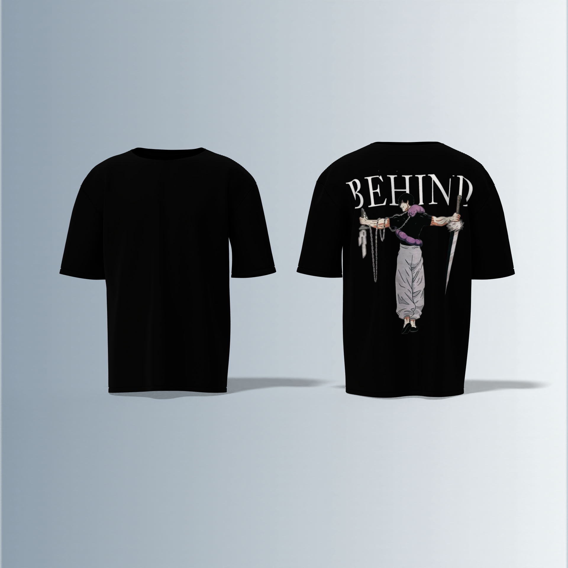 Oversized Graphic T-Shirt Featuring Anime-Inspired Sword-Wielding Character Illustration with “BEHIND” Bold Typography on the Back and Minimalist Plain Front