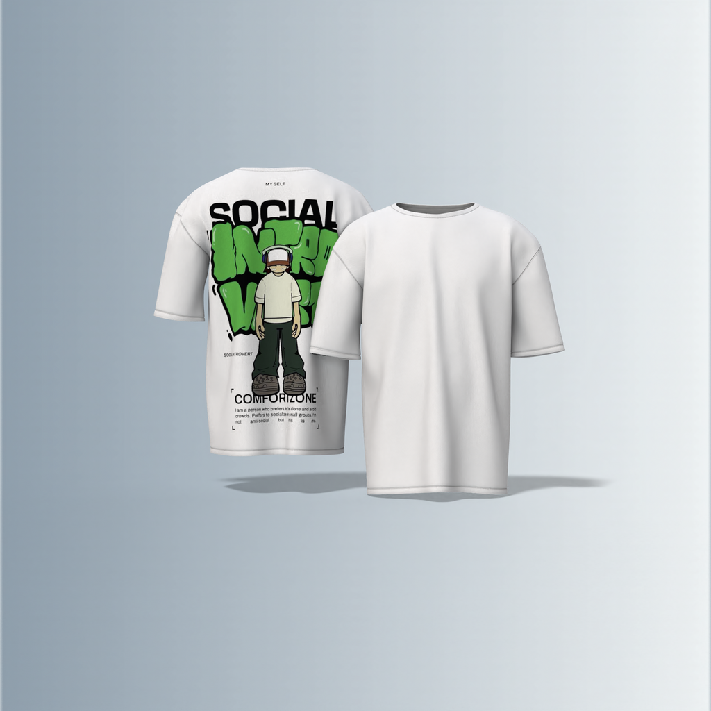 Oversized Graphic T-Shirt Featuring Cartoon Headphone Character with “Social Introvert” Graffiti Text and Comfort Zone Slogan Print on the Back
