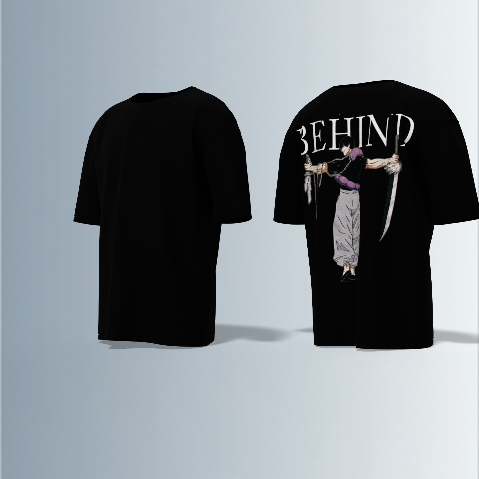 Oversized Graphic T-Shirt Featuring Anime-Inspired Sword-Wielding Character Illustration with “BEHIND” Bold Typography on the Back and Minimalist Plain Front