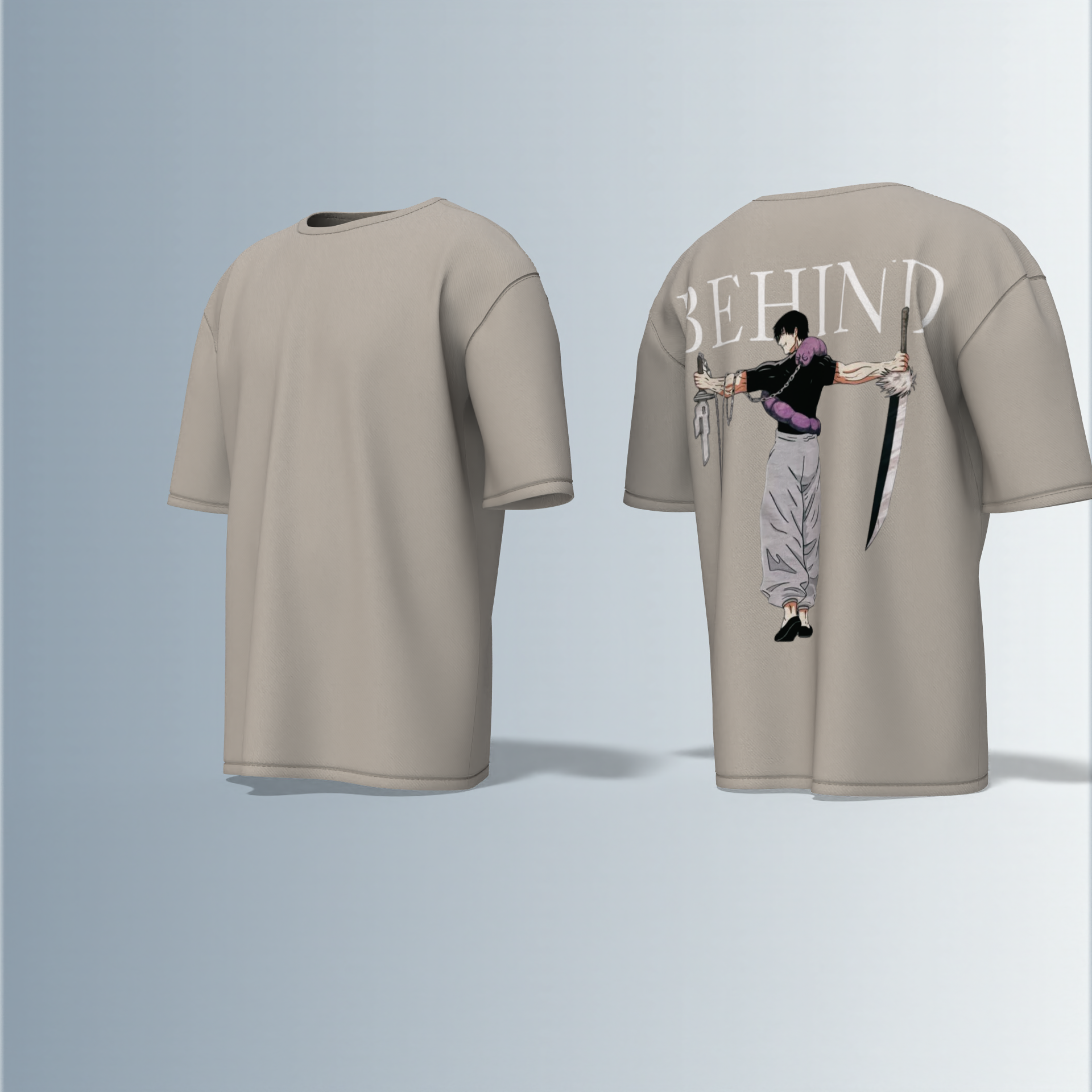 Oversized Graphic T-Shirt Featuring Anime-Inspired Sword-Wielding Character Illustration with “BEHIND” Bold Typography on the Back and Minimalist Plain Front