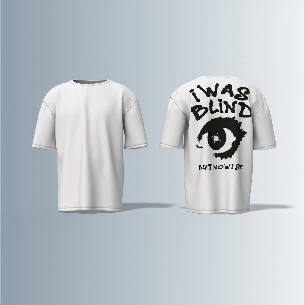 "Bold Graphic Streetwear T-Shirt Featuring Distressed 'I Was Blind but Now I See' Typography with Eye Illustration on Back"