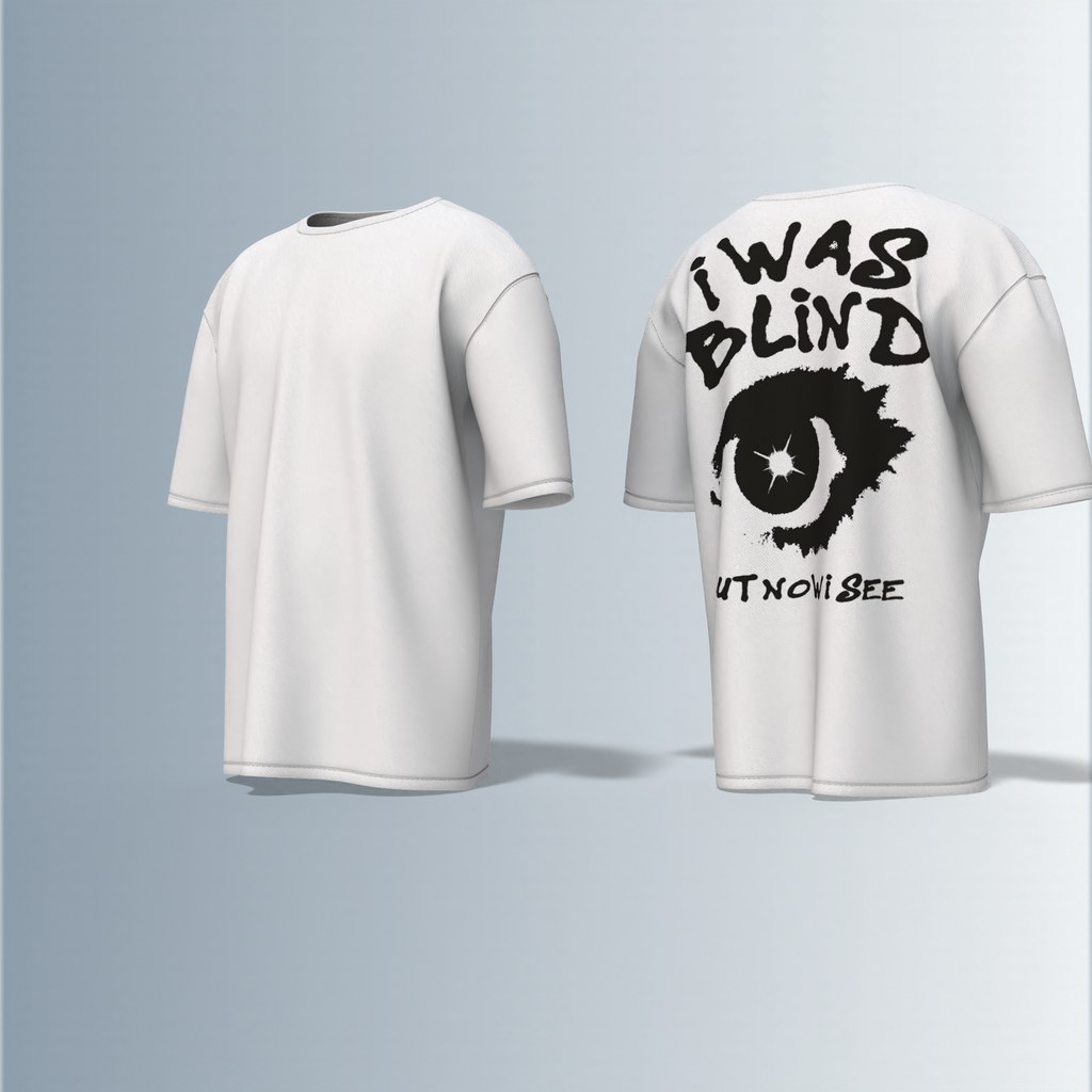"Bold Graphic Streetwear T-Shirt Featuring Distressed 'I Was Blind but Now I See' Typography with Eye Illustration on Back"