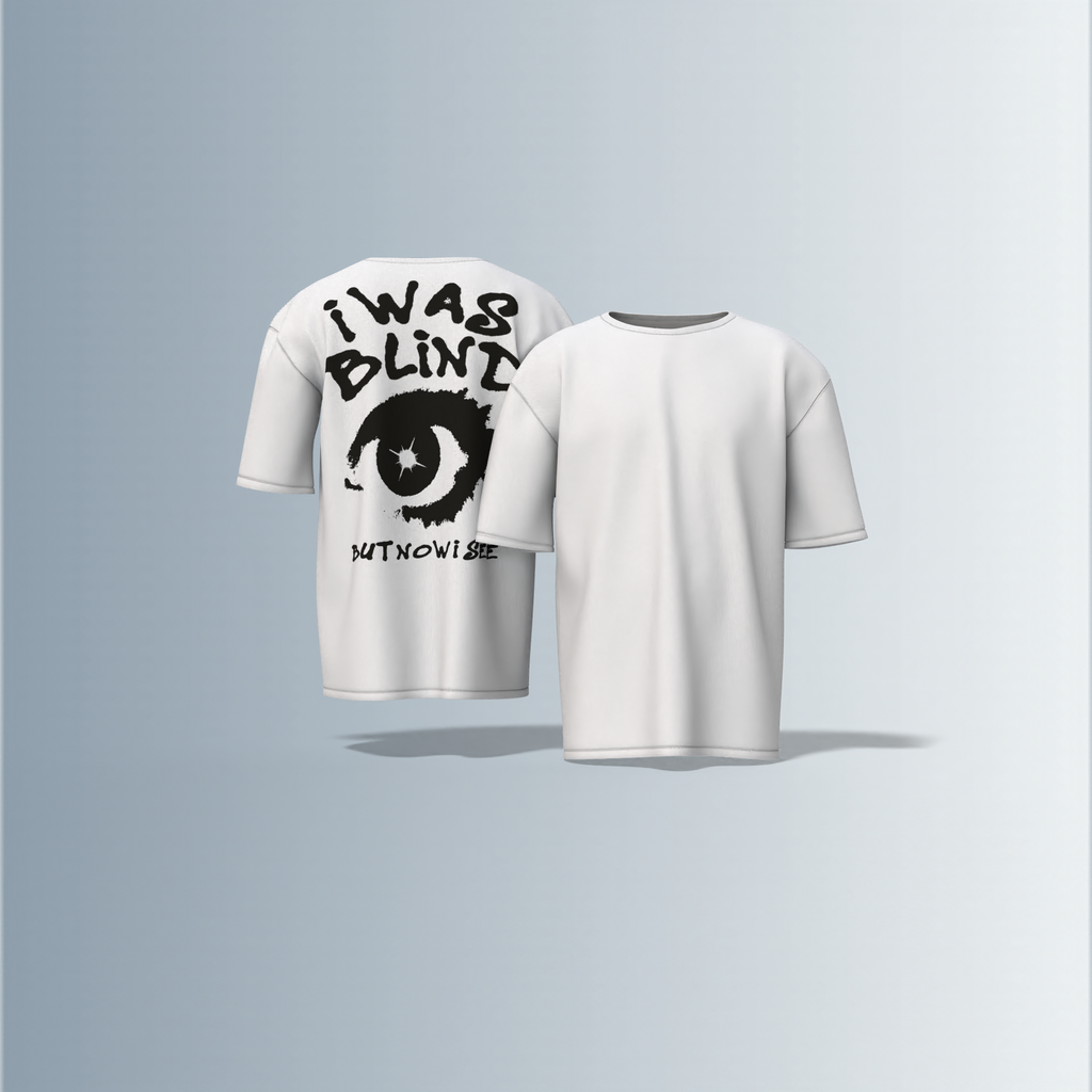 "Bold Graphic Streetwear T-Shirt Featuring Distressed 'I Was Blind but Now I See' Typography with Eye Illustration on Back"