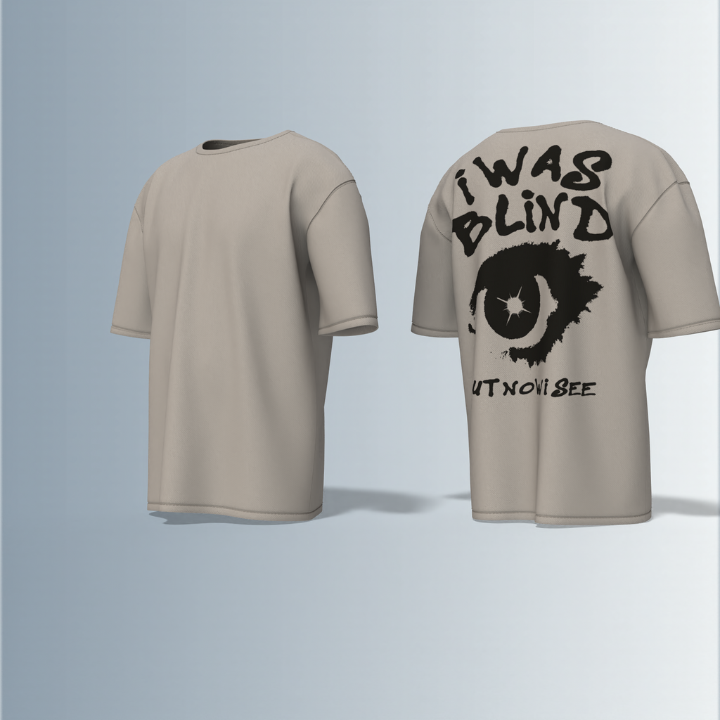 "Bold Graphic Streetwear T-Shirt Featuring Distressed 'I Was Blind but Now I See' Typography with Eye Illustration on Back"