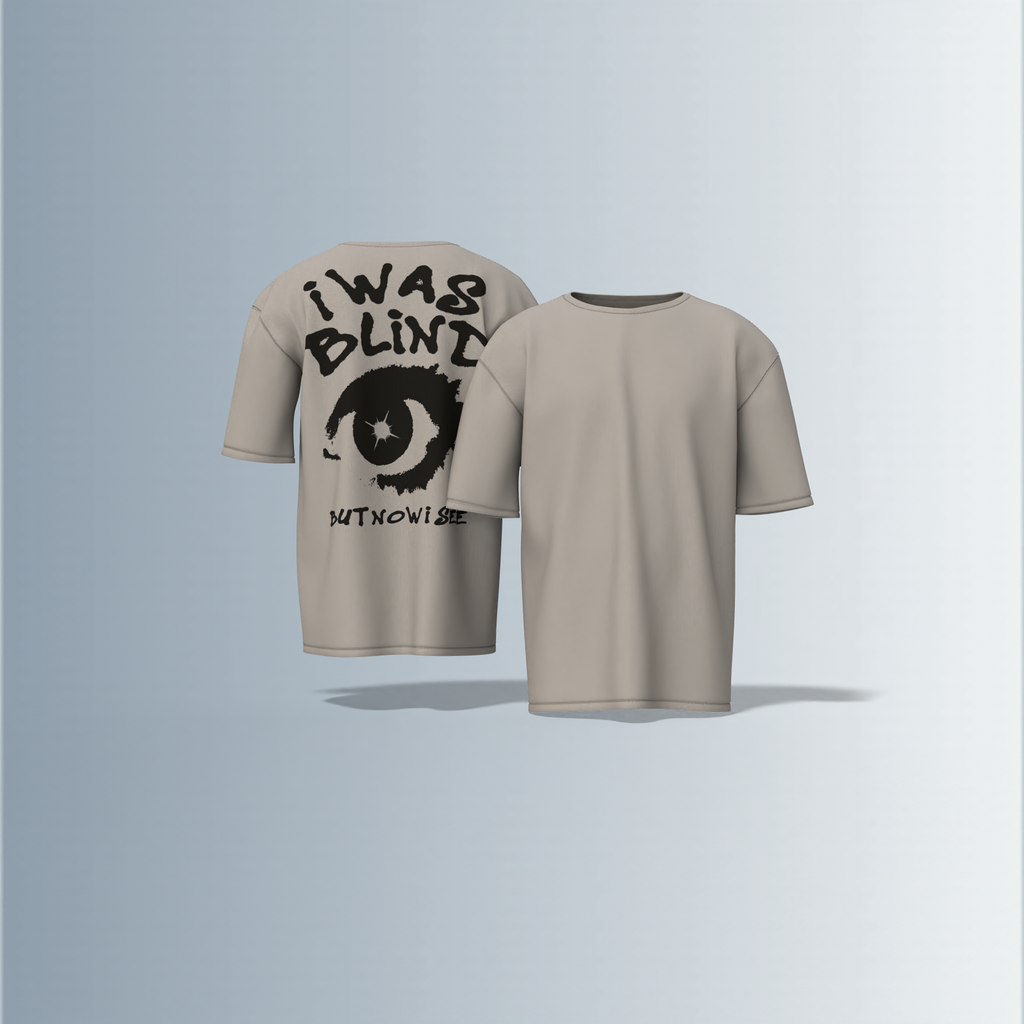 "Bold Graphic Streetwear T-Shirt Featuring Distressed 'I Was Blind but Now I See' Typography with Eye Illustration on Back"