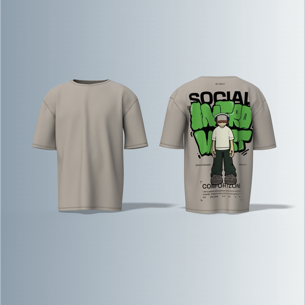 Oversized Graphic T-Shirt Featuring Cartoon Headphone Character with “Social Introvert” Graffiti Text and Comfort Zone Slogan Print on the Back