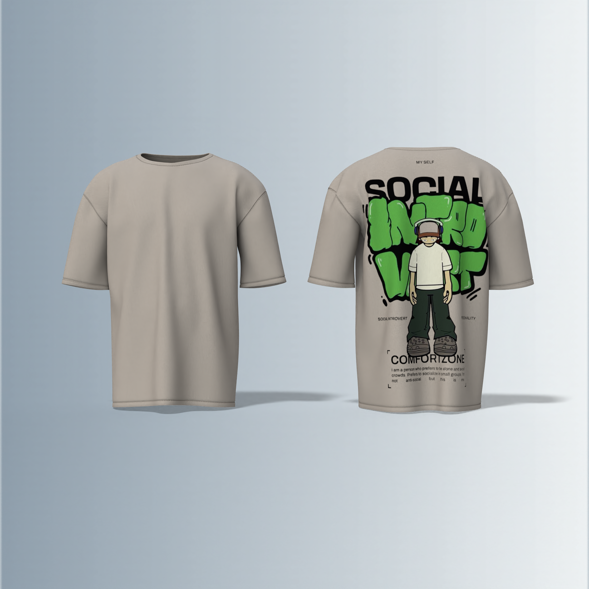 Oversized Graphic T-Shirt Featuring Cartoon Headphone Character with “Social Introvert” Graffiti Text and Comfort Zone Slogan Print on the Back