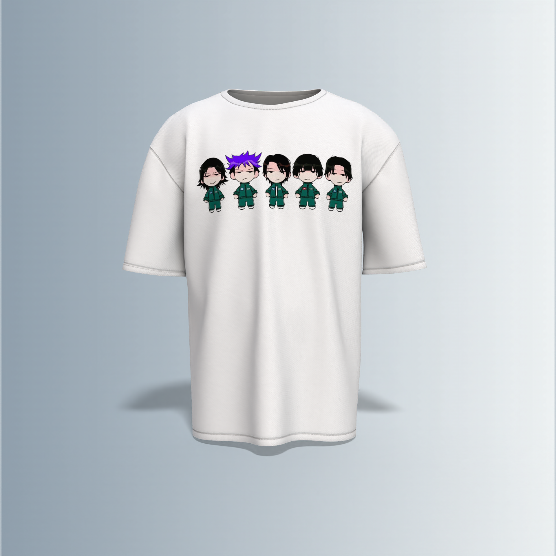 "Chibi Anime Squad in Matching Green Tracksuits – Kawaii Style Character Group Graphic T-Shirt Design (Front-Only Print)"