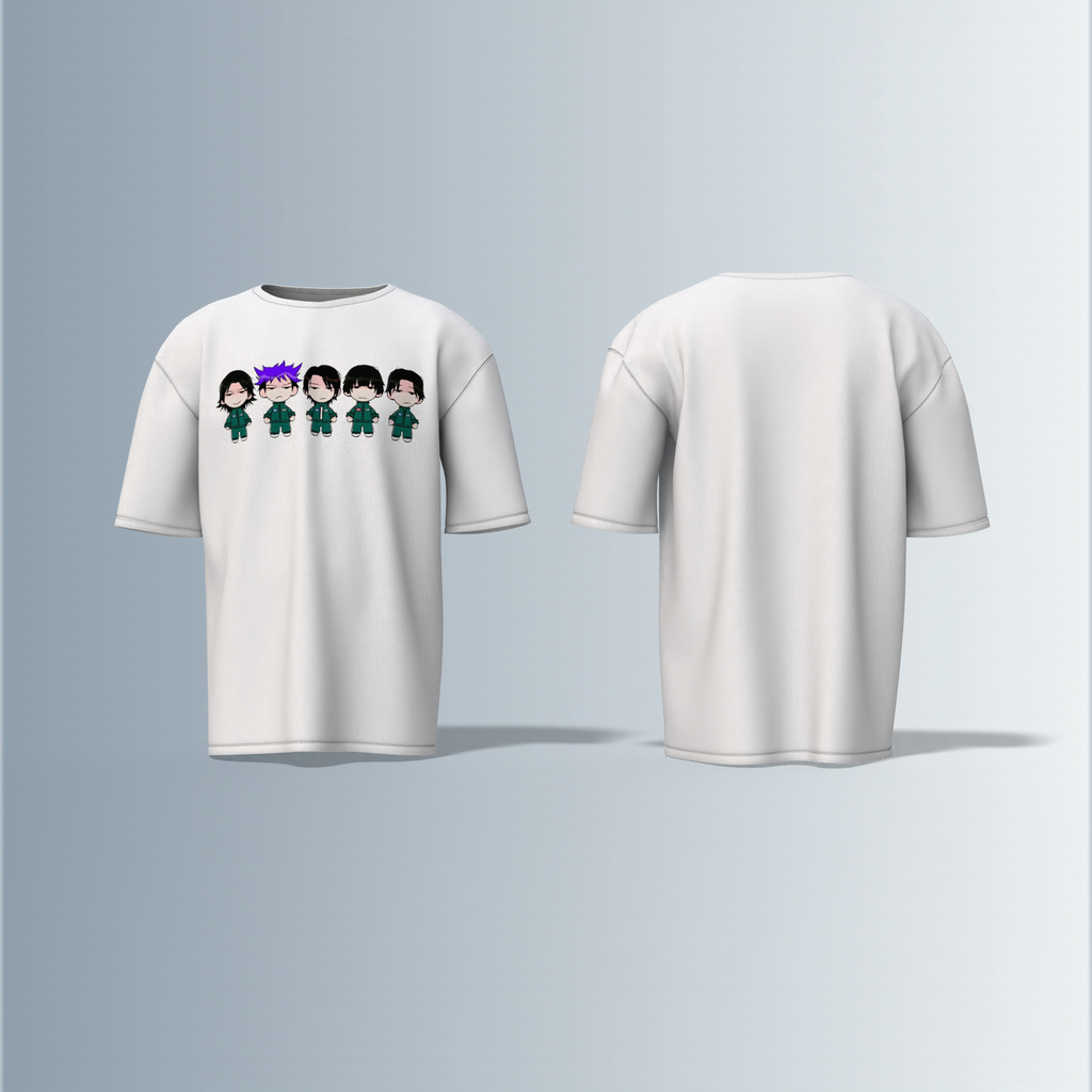 "Chibi Anime Squad in Matching Green Tracksuits – Kawaii Style Character Group Graphic T-Shirt Design (Front-Only Print)"