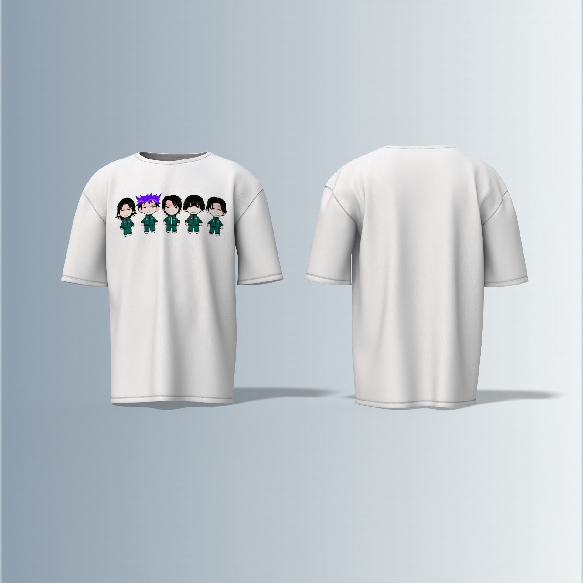 "Chibi Anime Squad in Matching Green Tracksuits – Kawaii Style Character Group Graphic T-Shirt Design (Front-Only Print)"
